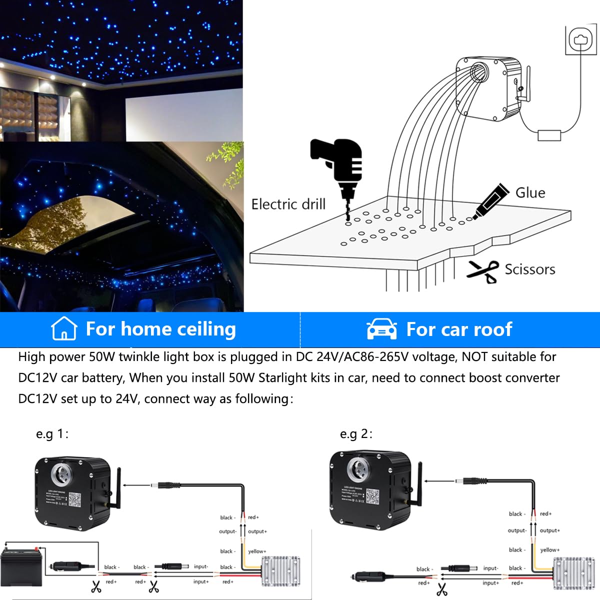 Azimom High Brightness 50W Twinkle Fiber Optic Starlight Kits Mixed800Pcs 16.5Ft Fiber Strands End Glow Sound Activated Bluetooth/App Remote Control Theater Ceiling Home Shop Lobby Roof Decor