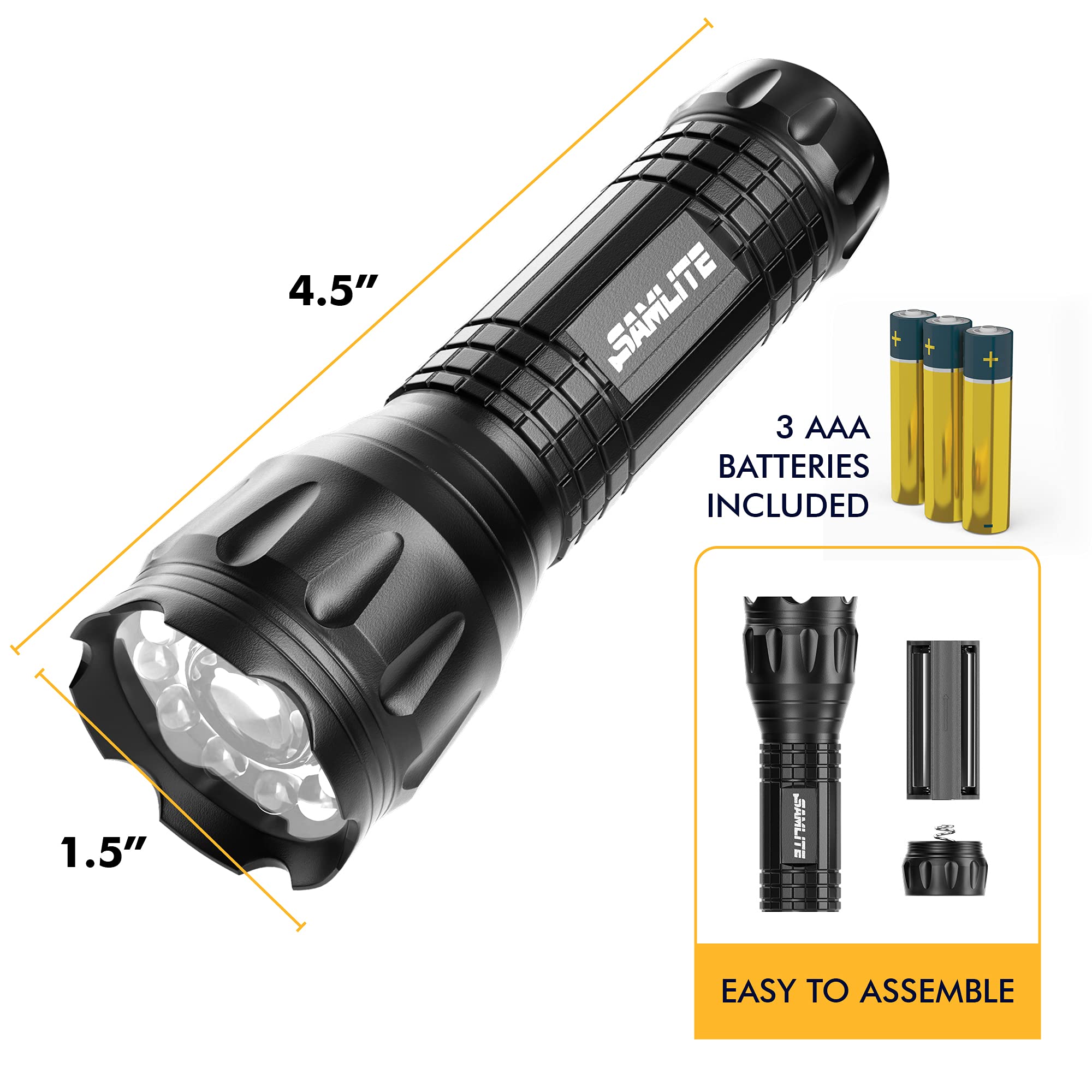 SAMLITE LED Tactical Flashlight - 5 Modes, UV Light, Magnetic Base, Medium, Black, Model 20281-SL-FBA, Water Resistant, 3 AAA Batteries Included