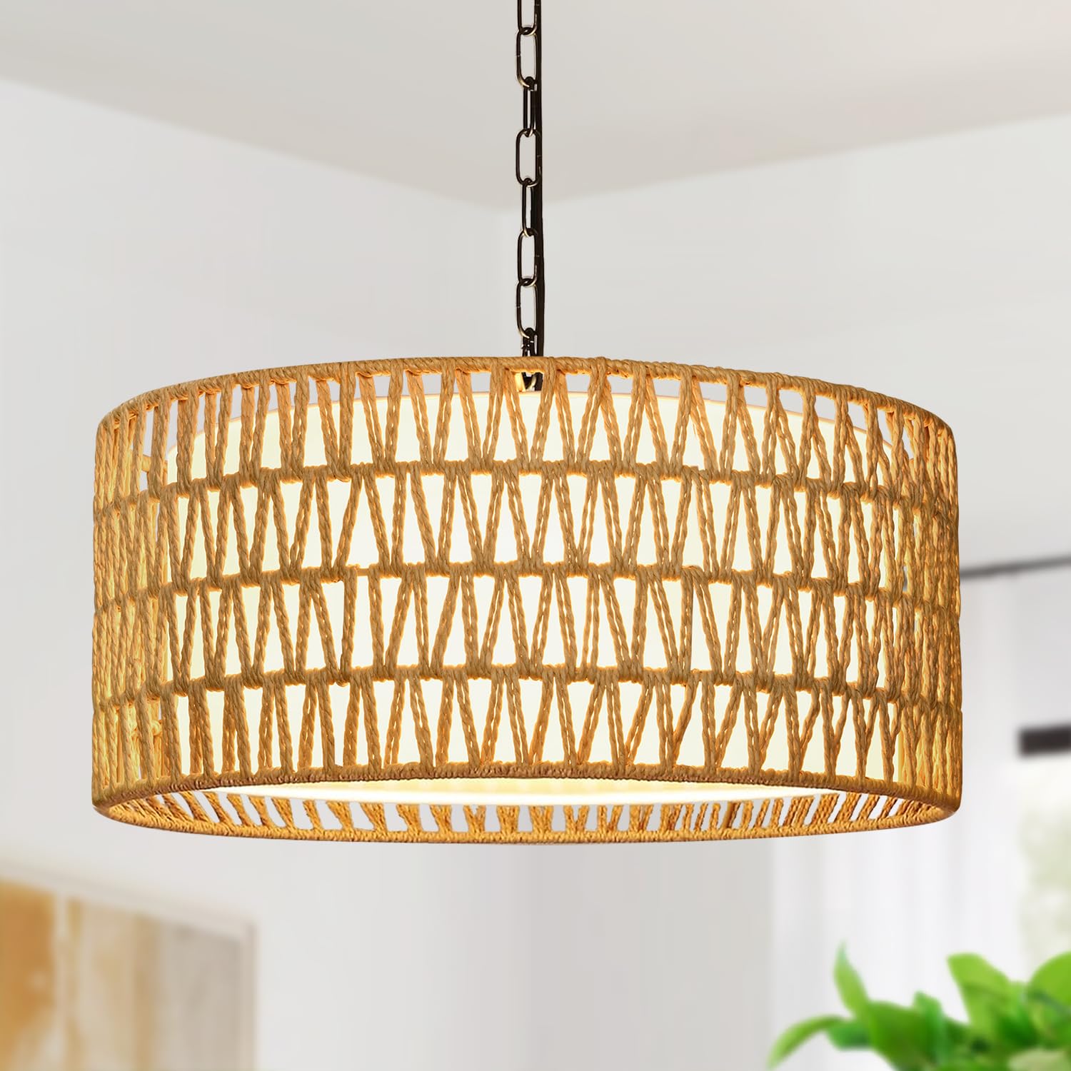 Farmhouse Chandeliers For Dining Room, Hand Woven 5-Light Rattan Pendant Light, Boho Rattan Chandelier With Linen Shade, Rustic 