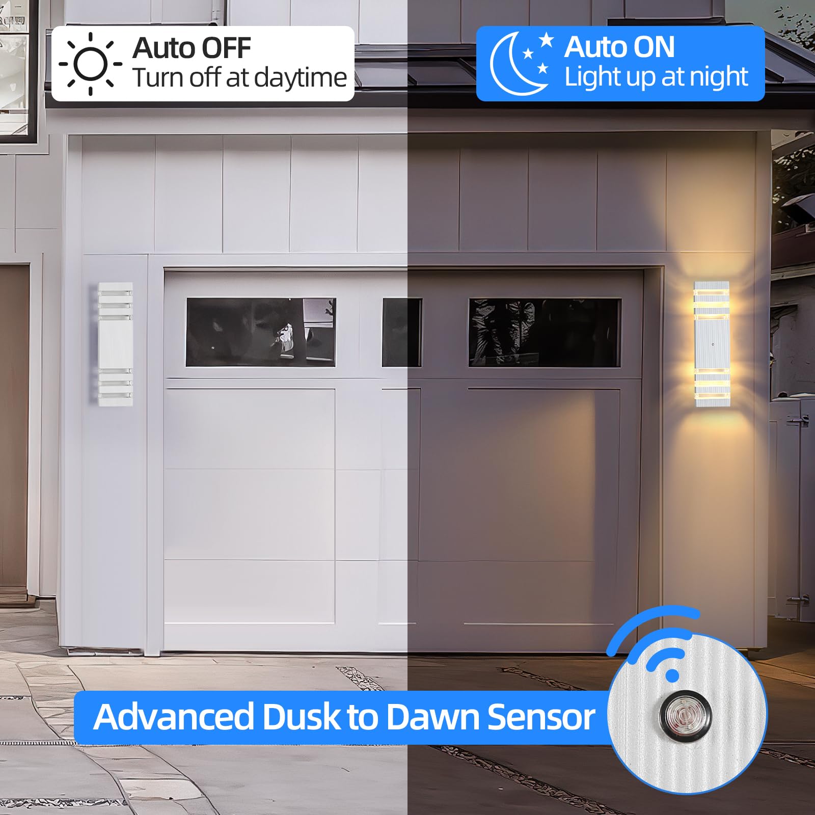 Dariisi Dusk To Dawn Modern Exterior Up And Down Outdoor Wall Lights, 2 Pack White Sconces For Garage Patio & Porch