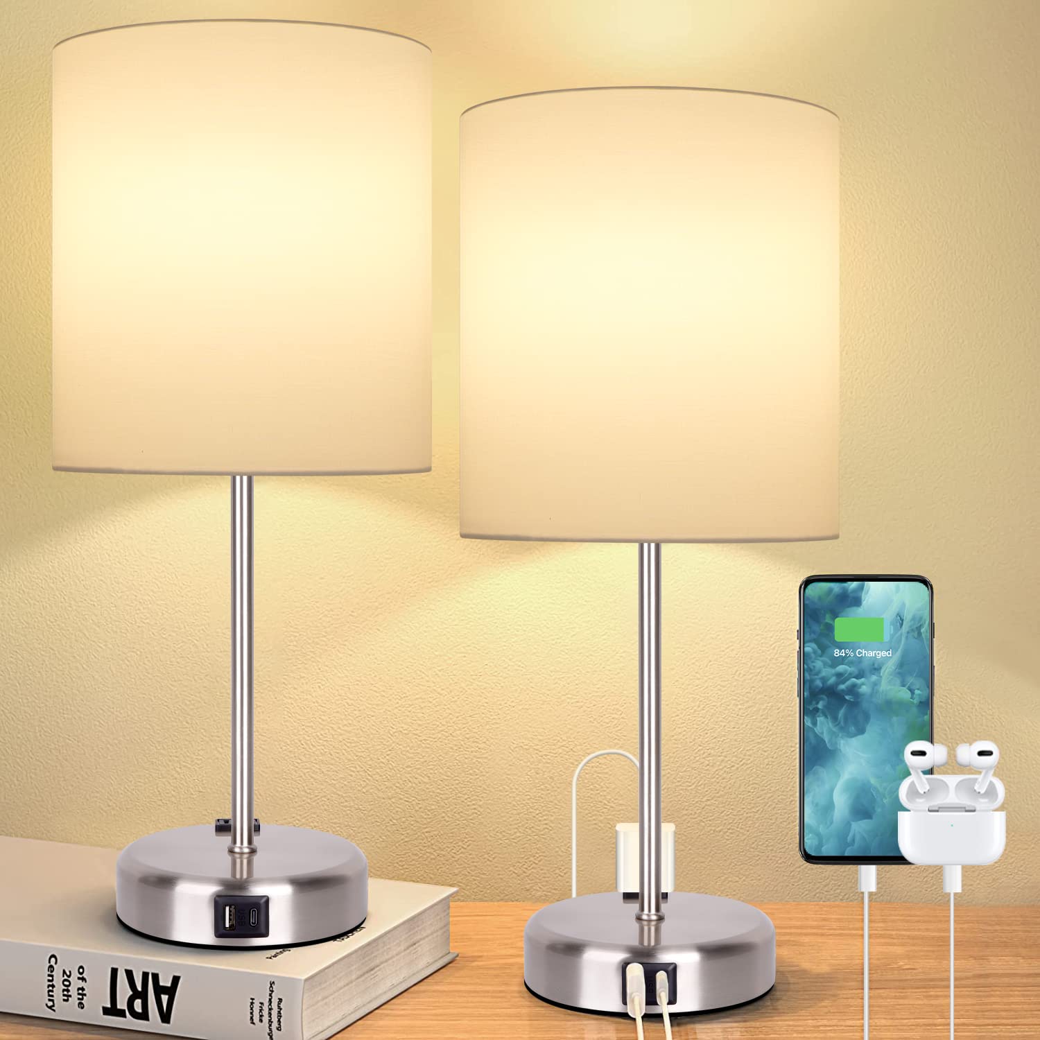 Bedside Lamps Set of 2 with USB A+C Charging Ports, Touch Control Table Lamp for Bedroom Home Office, 3 Way Dimmable Nightstand 