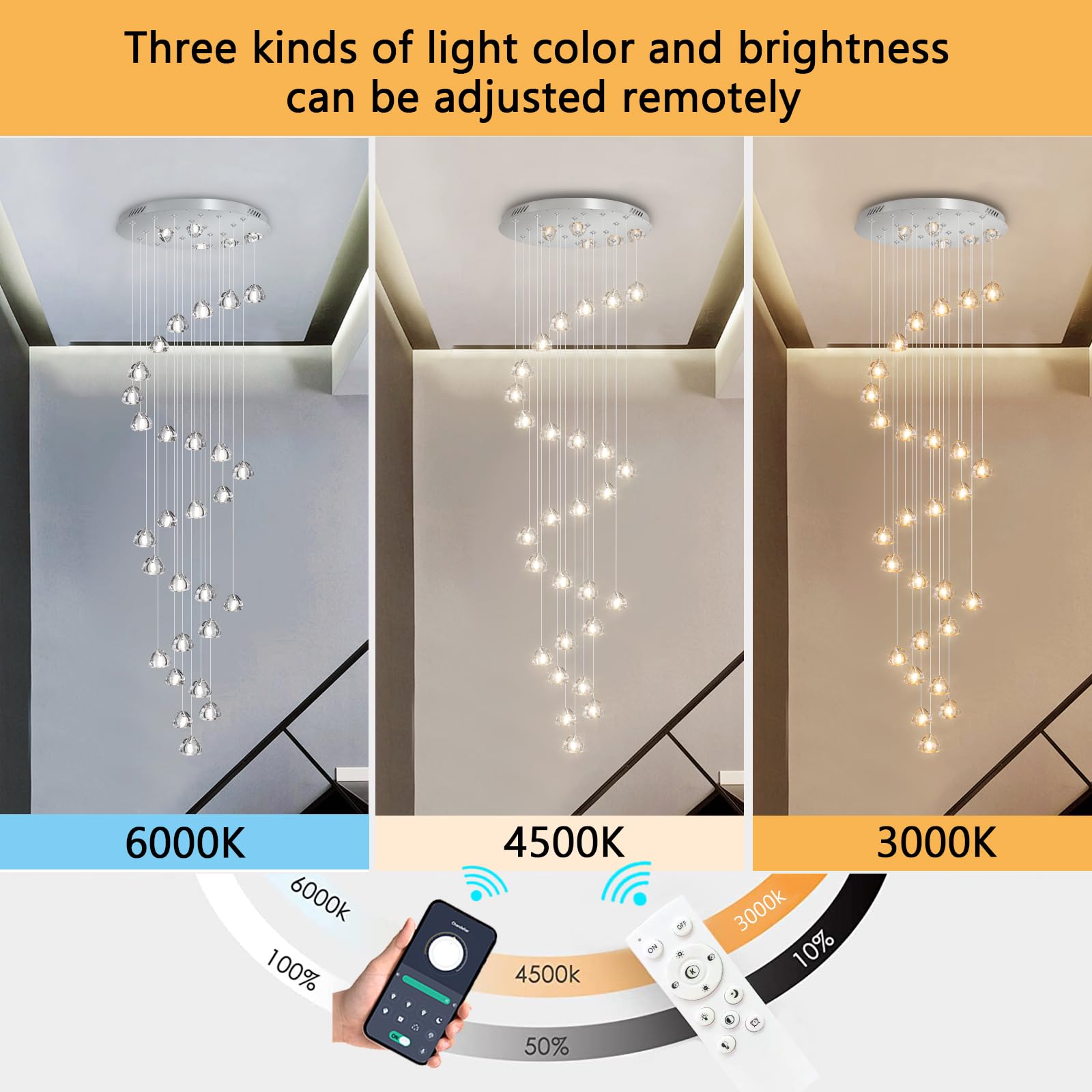 HAIXIANG 13ft LED Chandelier - Dimmable Pendant Lighting for High Ceilings, Mirror Chrome, 28 Lights, Model MMQ9025