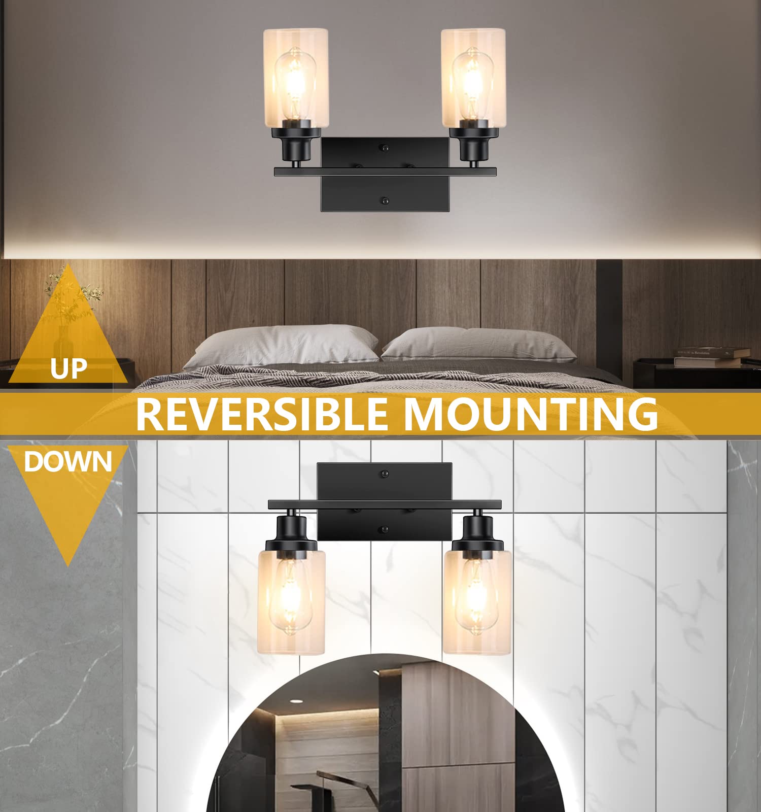 Black Bathroom Light Fixtures, 2-Light Vanity Lights, Modern Bathroom Vanity Light With Clear Glass Shade, Wall Lamp With Metal Frame, Vanity Lights For Bathroom Mirror Bedroom Hallway E26 Base