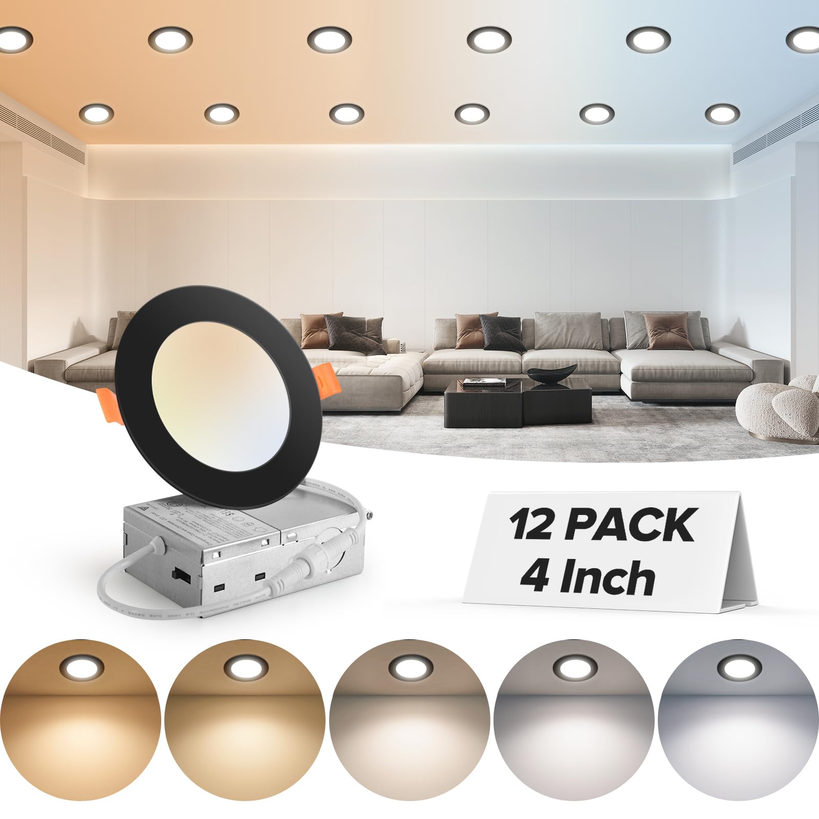 MAILCOS 12 Pack Ultra-Thin LED Recessed Ceiling Light, 4 Inch, 2700K-5000K Adjustable, Dimmable, Black, Model AZD9B-