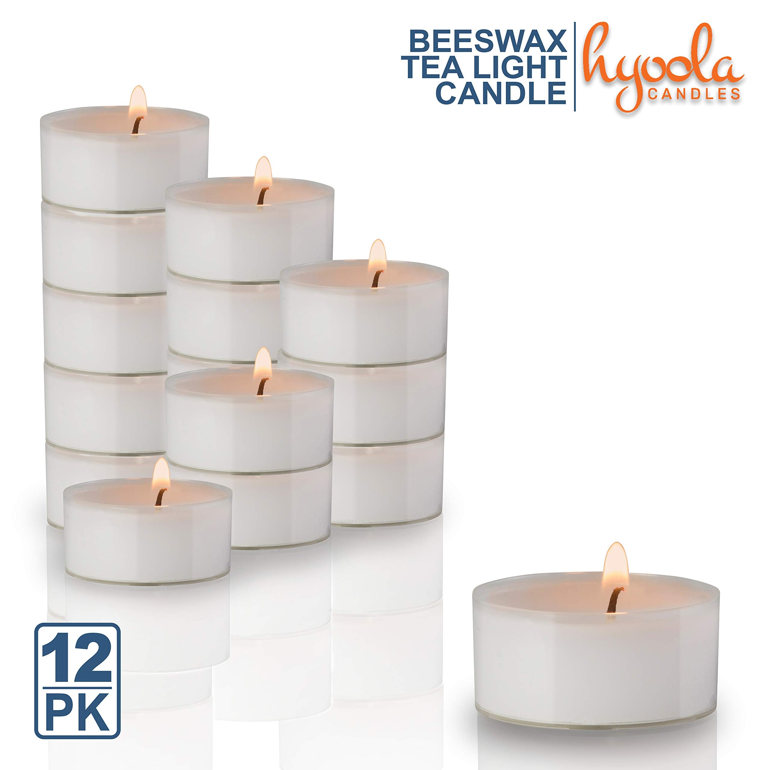 Hyoola Pure White Beeswax Tea Lights, Handmade Decorative Unscented, Tealight Candles, 4 Hour Burn Time, Clear Cup (Pack Of 48)