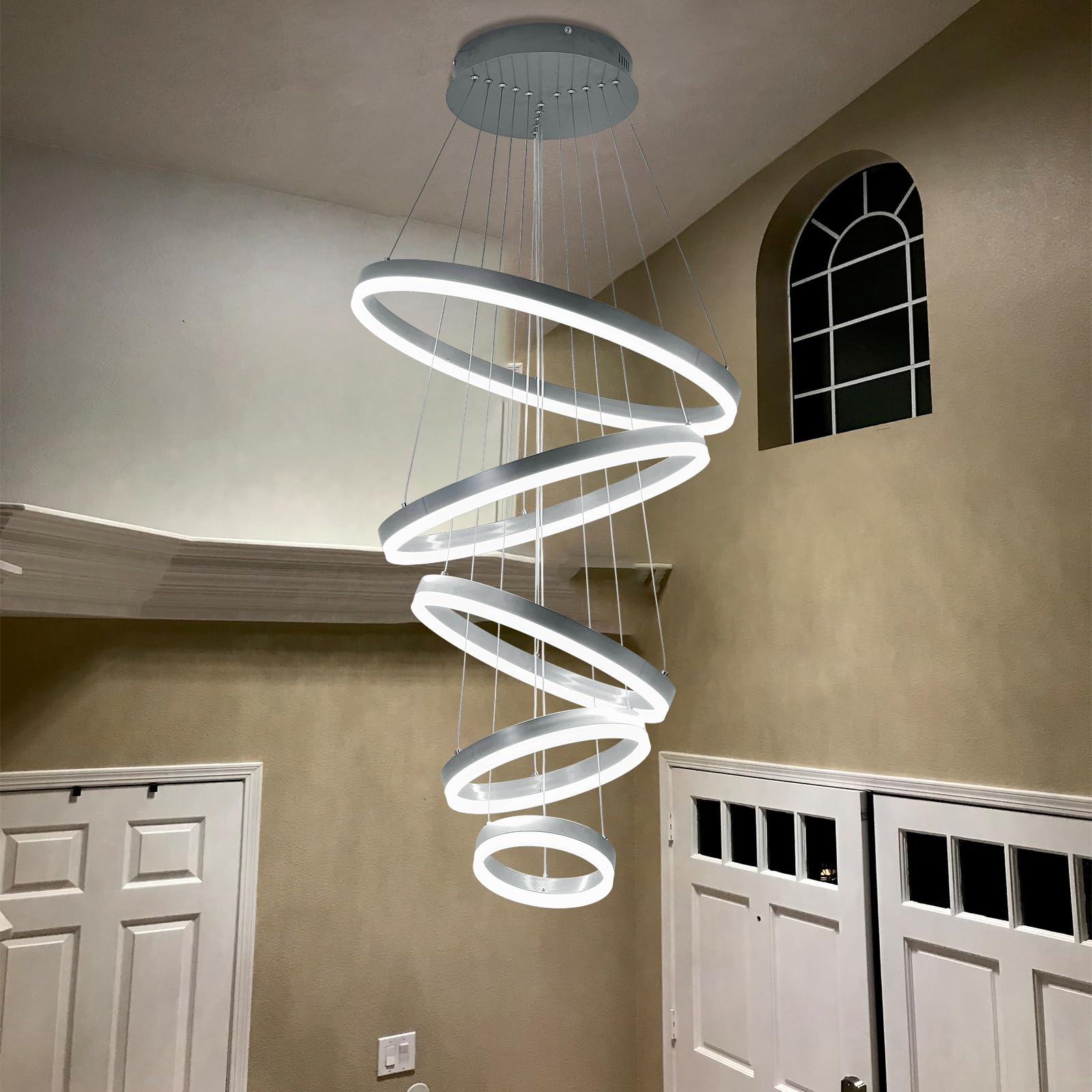 Embring Contemporary Acrylic Modern Led Pendant Chandelier Light Fixture With Remote Control, Dimmable Modern Led Silver Chandelier Featuring 5 Rings For High Ceiling And Dining Room.