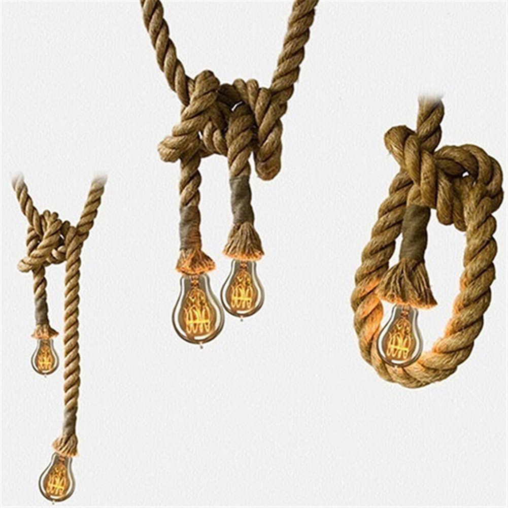 CTKcom Vintage Hemp Rope Pendant Light Fixture, 2 Heads, E26/E27 Base, Camel Color, Retro Style for Dining Hall, Restaurant, Bar