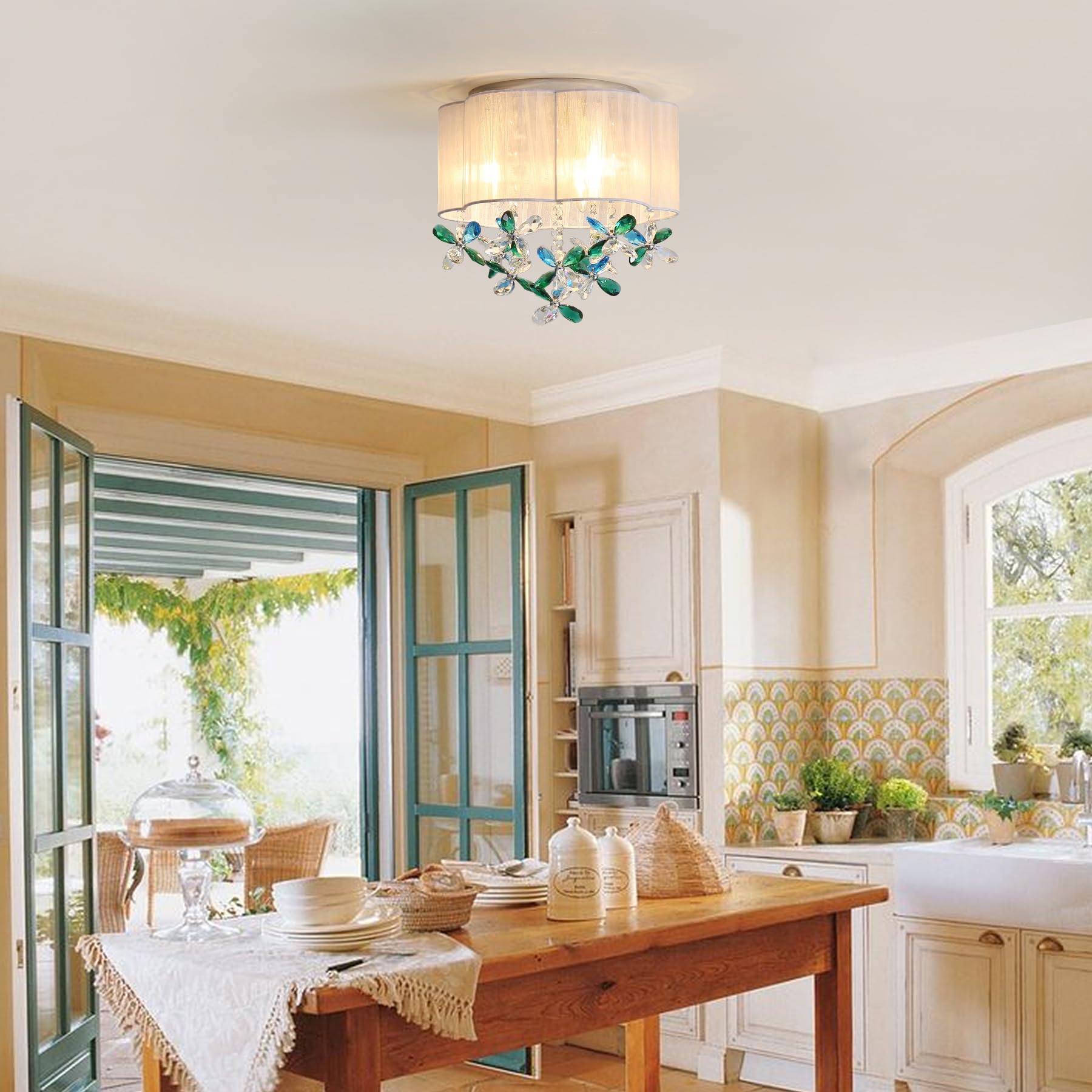 3 Light Mini Chandelier Bedroom Ceiling Light 13'' Small Crystal Chandelier Farmhouse Flush Mount Light With Handmade Flower Lam