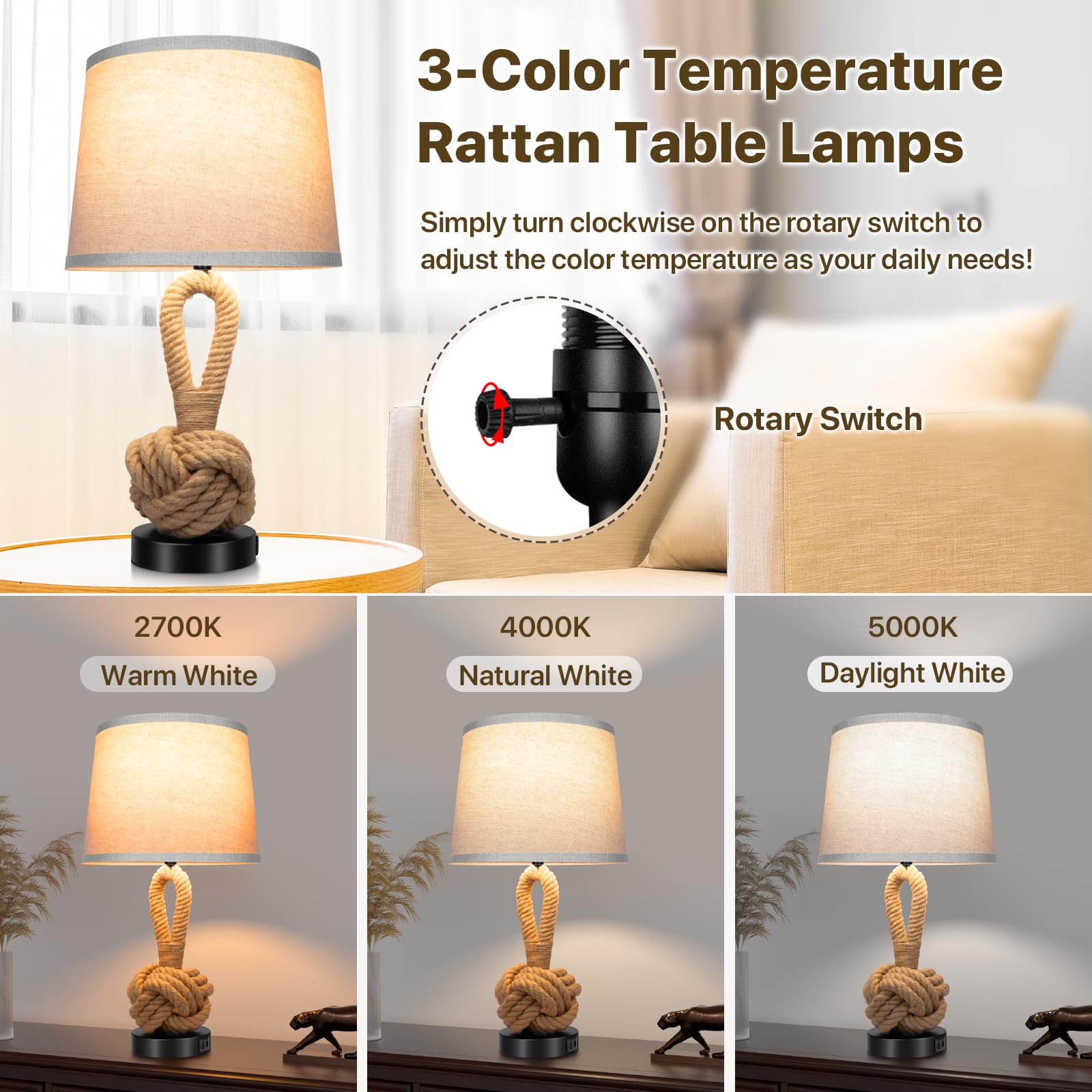 Rope Rattan Lamp Set Of 2: Boho Table Lamp With Usb A+C Ports, 3-Color Temperatures Bedside Lamps With Rotary Switch, Night Stan