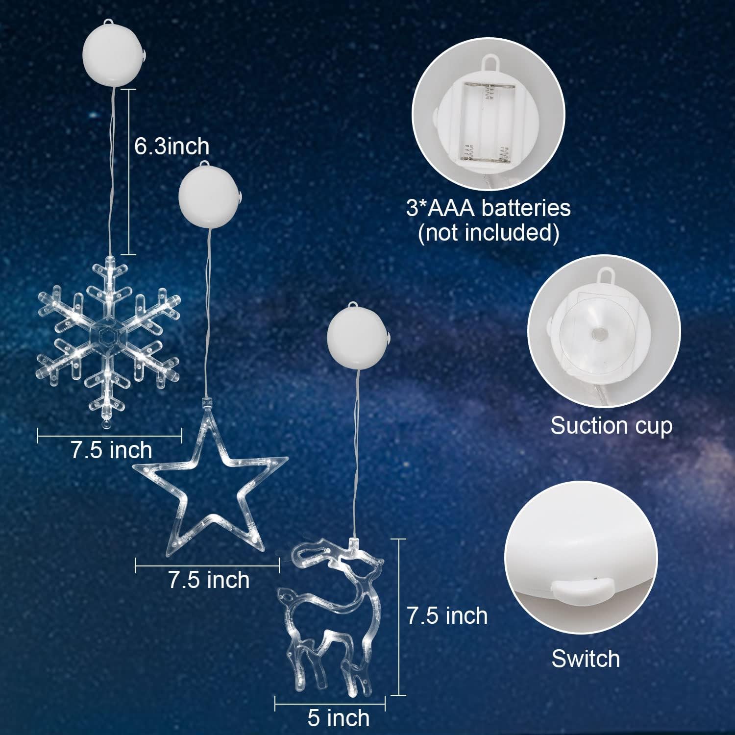 Muyun Christmas Decorations 3Pcs Christmas Window Lights Star&Deer&Snowflake Battery Operated Indoor String Lights With Suction Cup For Christmas Window Decorations Fireplace New Year