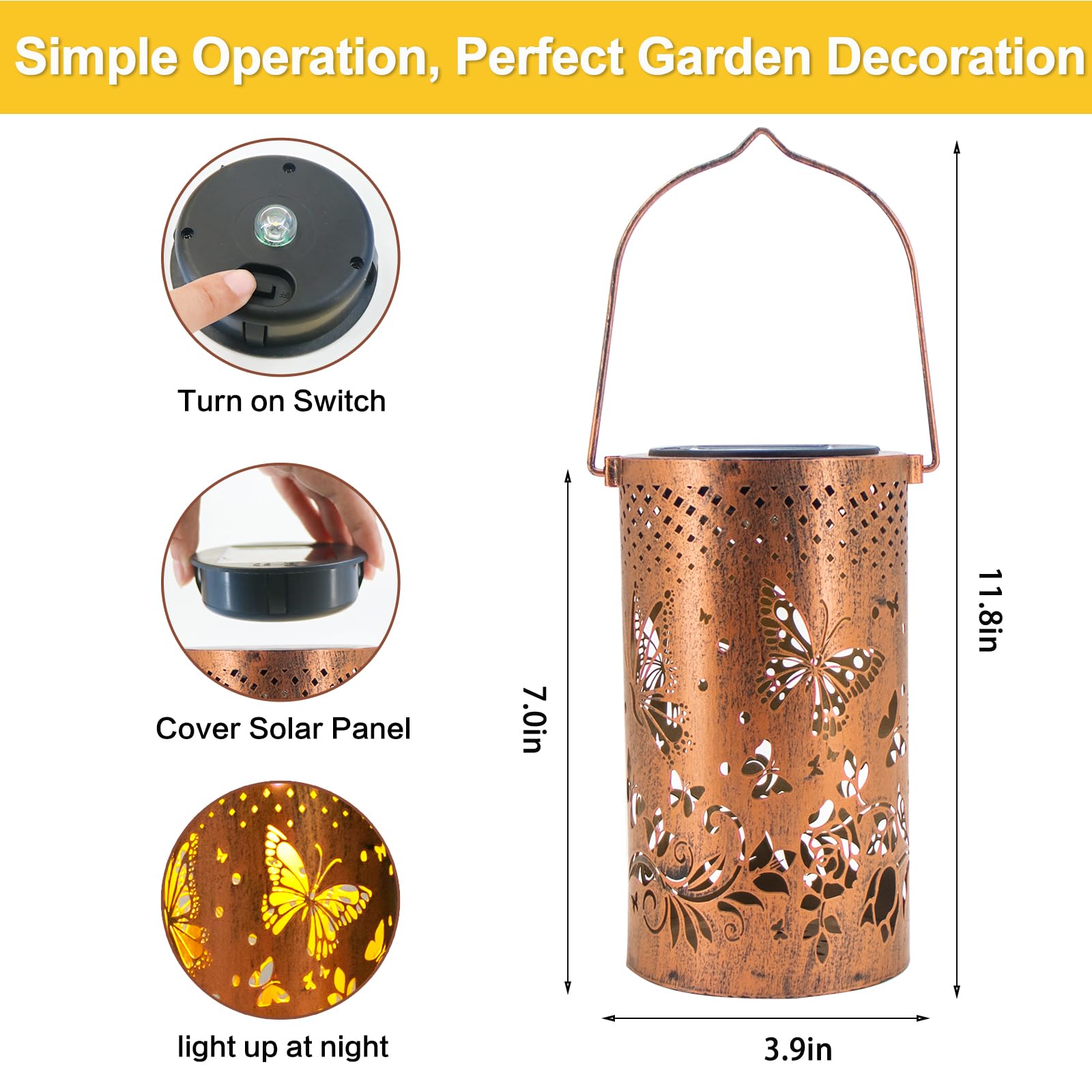 DIBIEECN 2 Pack Butterfly Solar Lanterns - Waterproof Metal Garden Lights, Bronze, Model DL-DOUBLE-02
