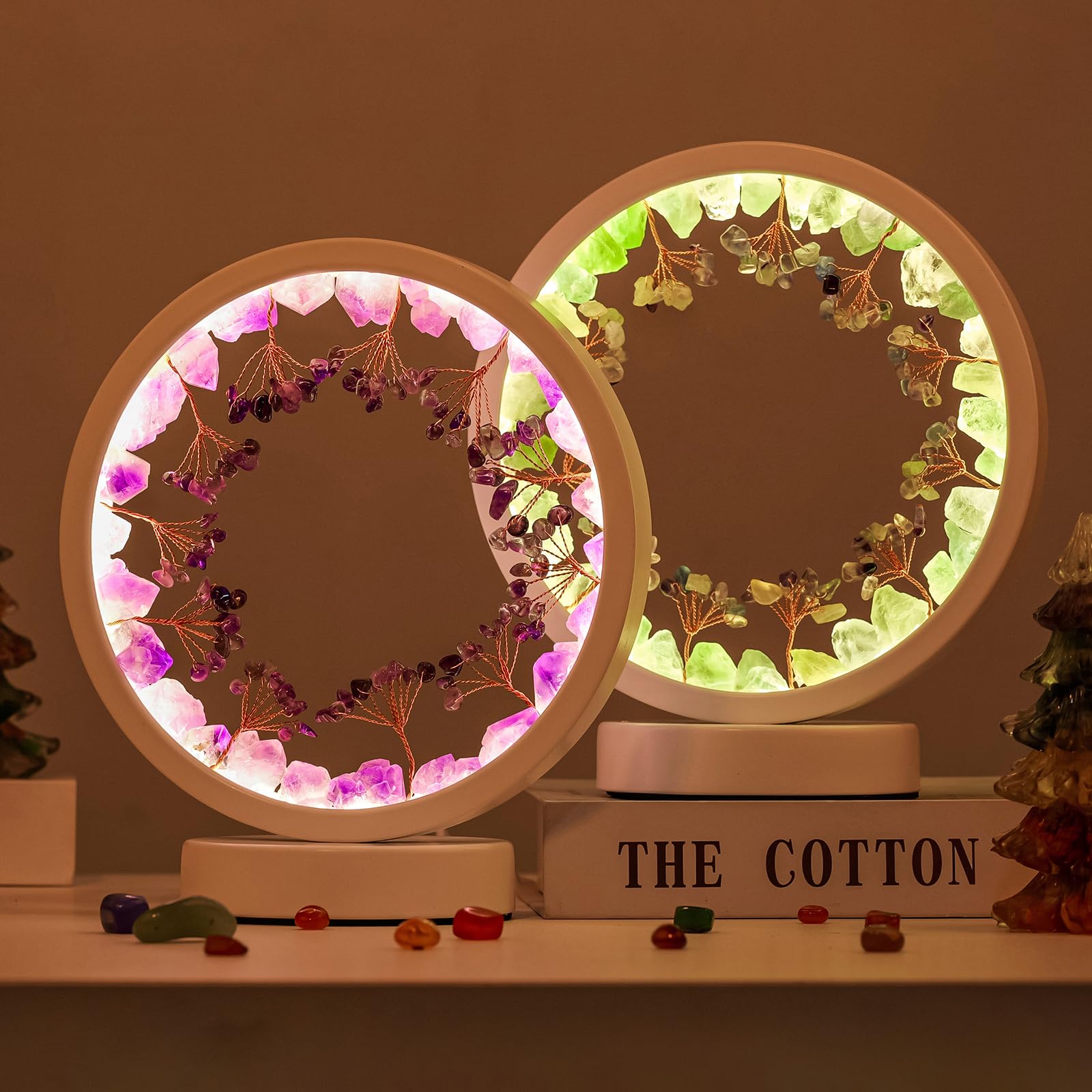 Runyangshi Natural Crystal Green Fluorite Small Tree Round White Frame Tri-Color Ambient Light Home Decoration Night Light Gift