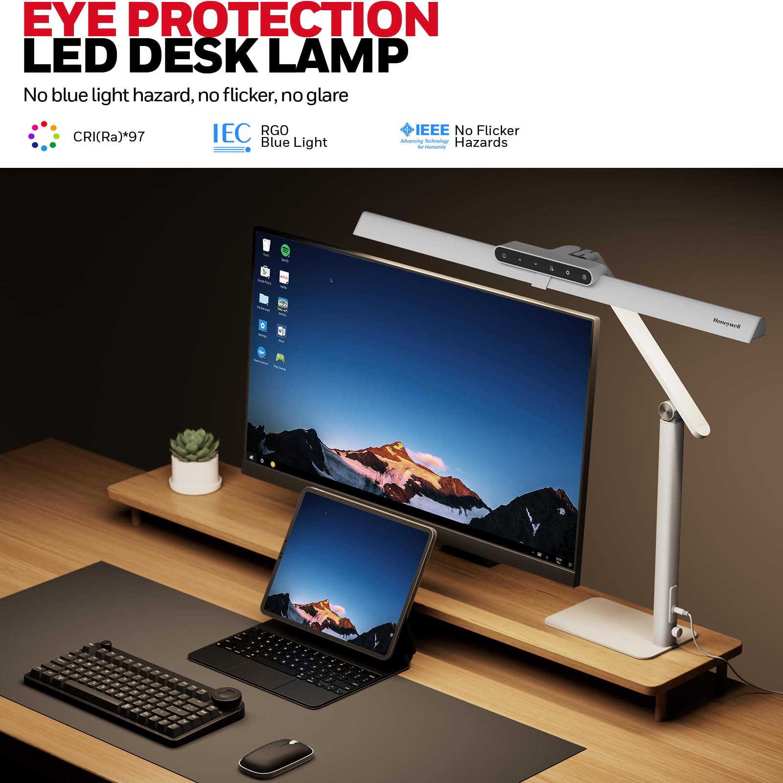 Honeywell LED Desk Lamp with Base - HJ1WT Sunturalux Eye-Caring Architect Desk Lamp for Home Office, 1200LM Computer Desk Light