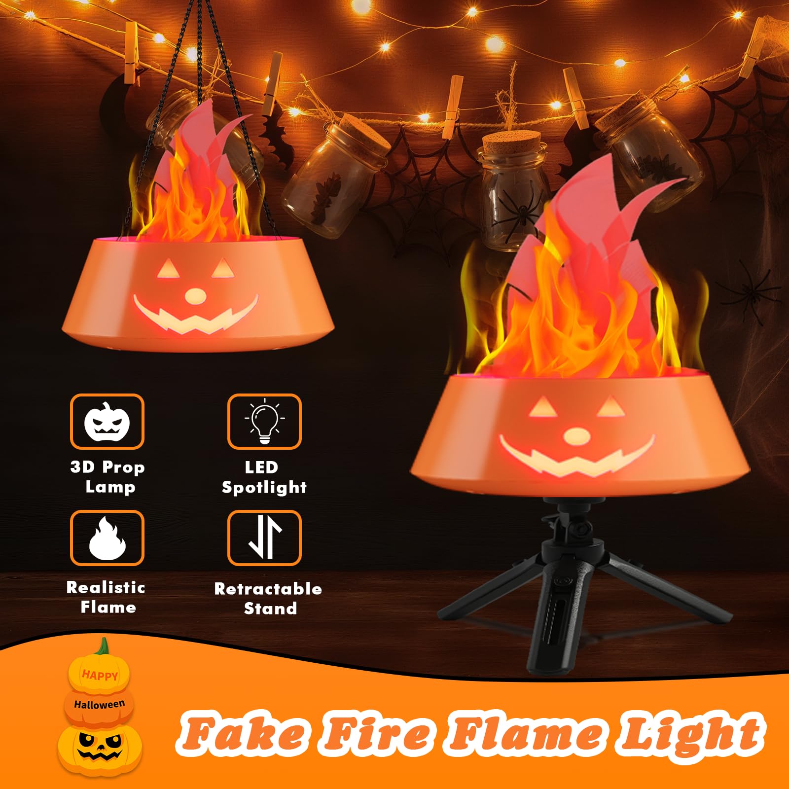 Halloween Decorations Indoor Outdoor  Collasis Halloween Decor Pumpkin Lights Hanging 3D   Fire Effect Lamp  Vintage Table Decor Lighting Lanterns Battery Operated Rechargeable For Party Home Yard