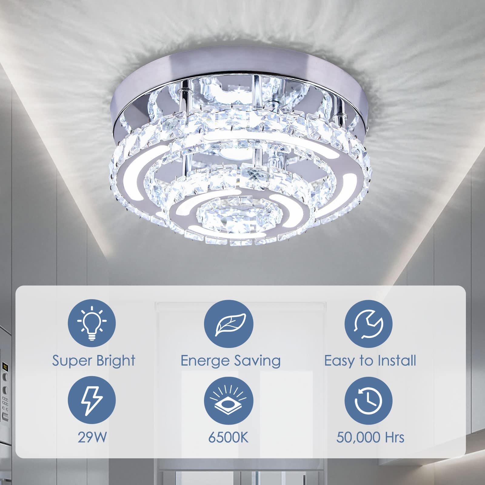 CXGLEAMING 11.4in Dimmable Crystal Chandelier LED Flush Mount Ceiling Light Fixture for Bedroom, Dining Room, Kitchen - Model CX-MC006-KB
