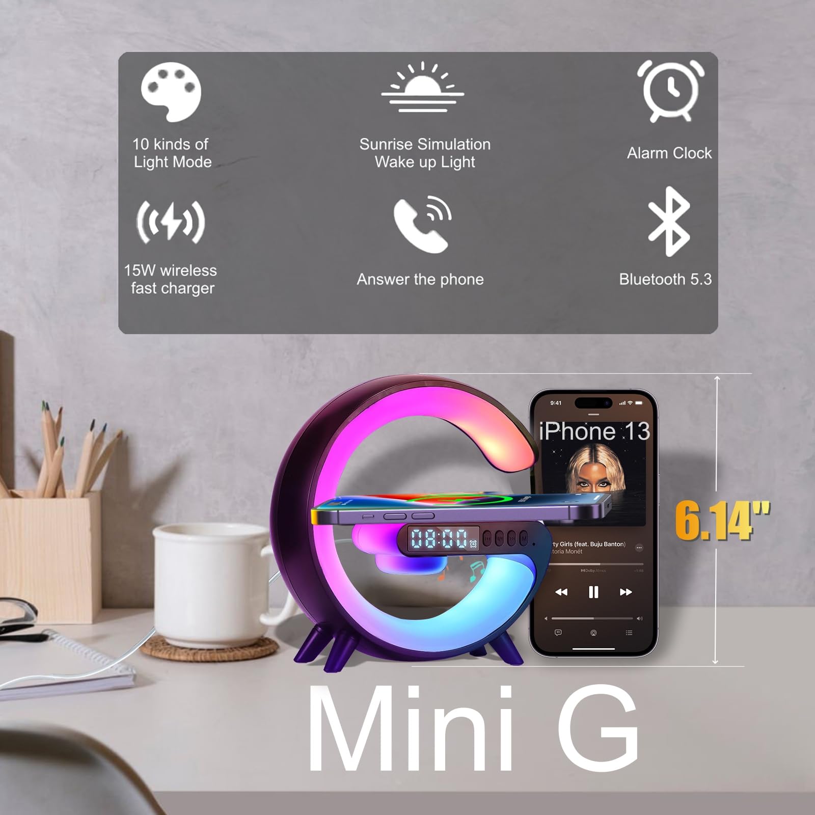 Treligate Led Table Lamp With Wireless Charger, Mini G Atmosphere Lamp With Bluetooth Speaker, Night Light Lamp Sunrise Alarm Cl