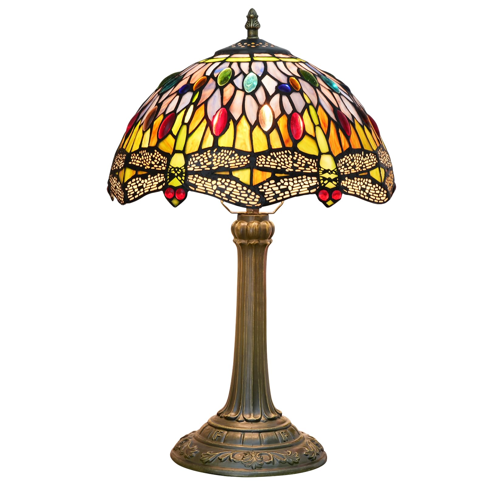 Blivuself Tiffany Table Lamp Yellow Dragonfly Style Stained Glass Lamp Bedside Reading Desk Light 12X12X19 Inches Bedroom Living