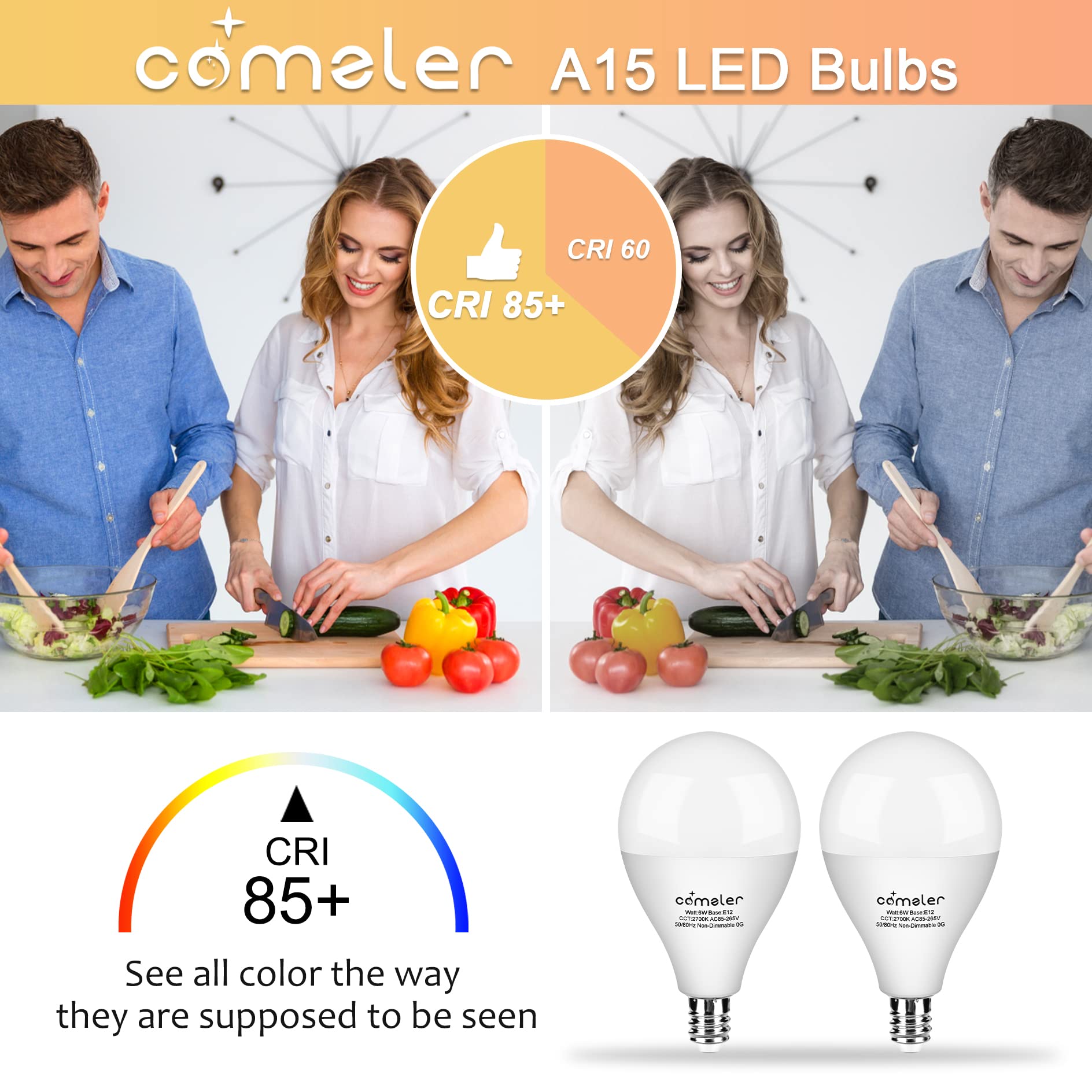 Comzler Ceiling Fan Light Bulbs E12 Small Base, A15 Led Bulb 2700K Soft Warm White Candelabra Led Bulb 6W (60Watt Equivalent), C