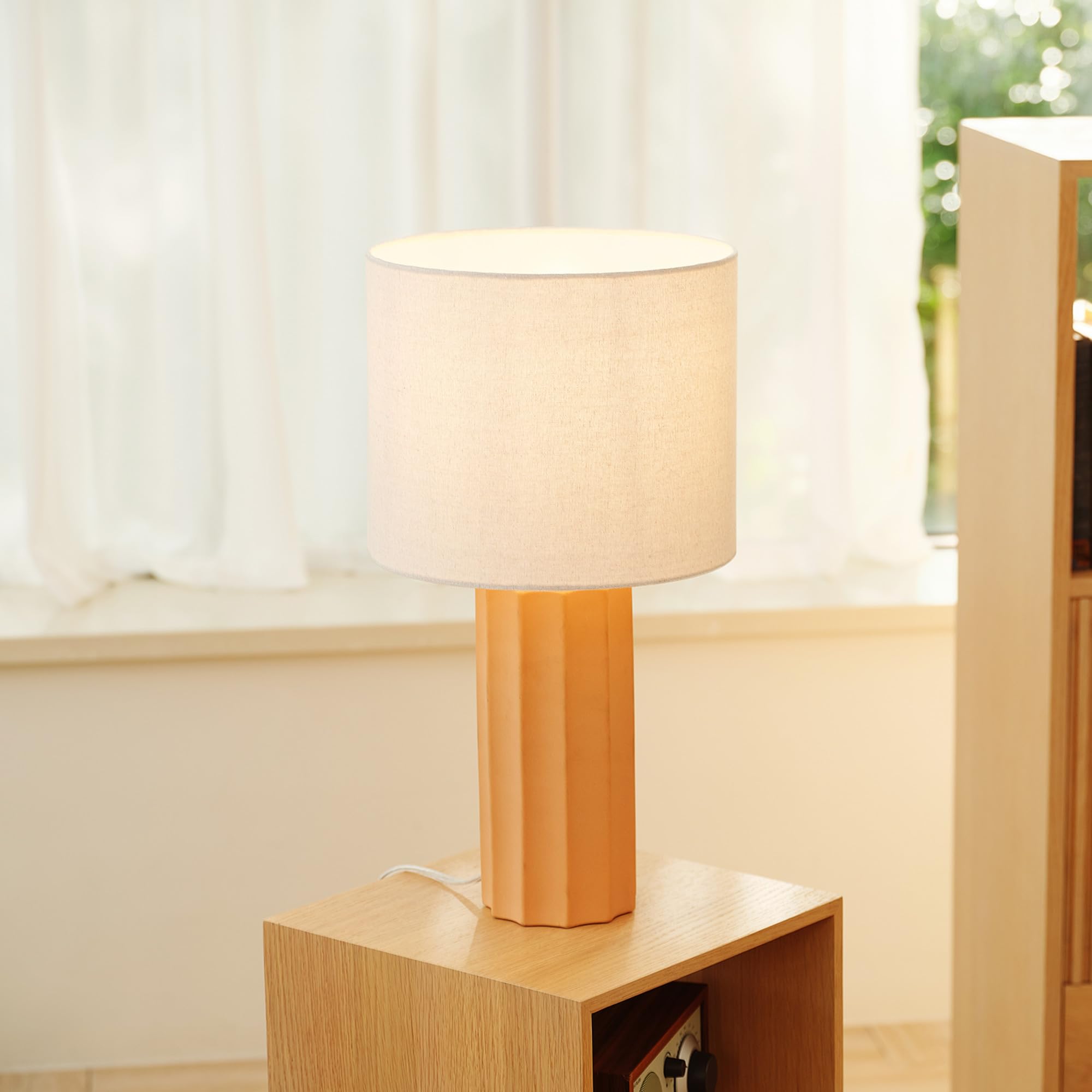 Globe Electric 20in Ribbed Ceramic Table Lamp, Matte Terracotta, White Linen Shade, Model 61000062