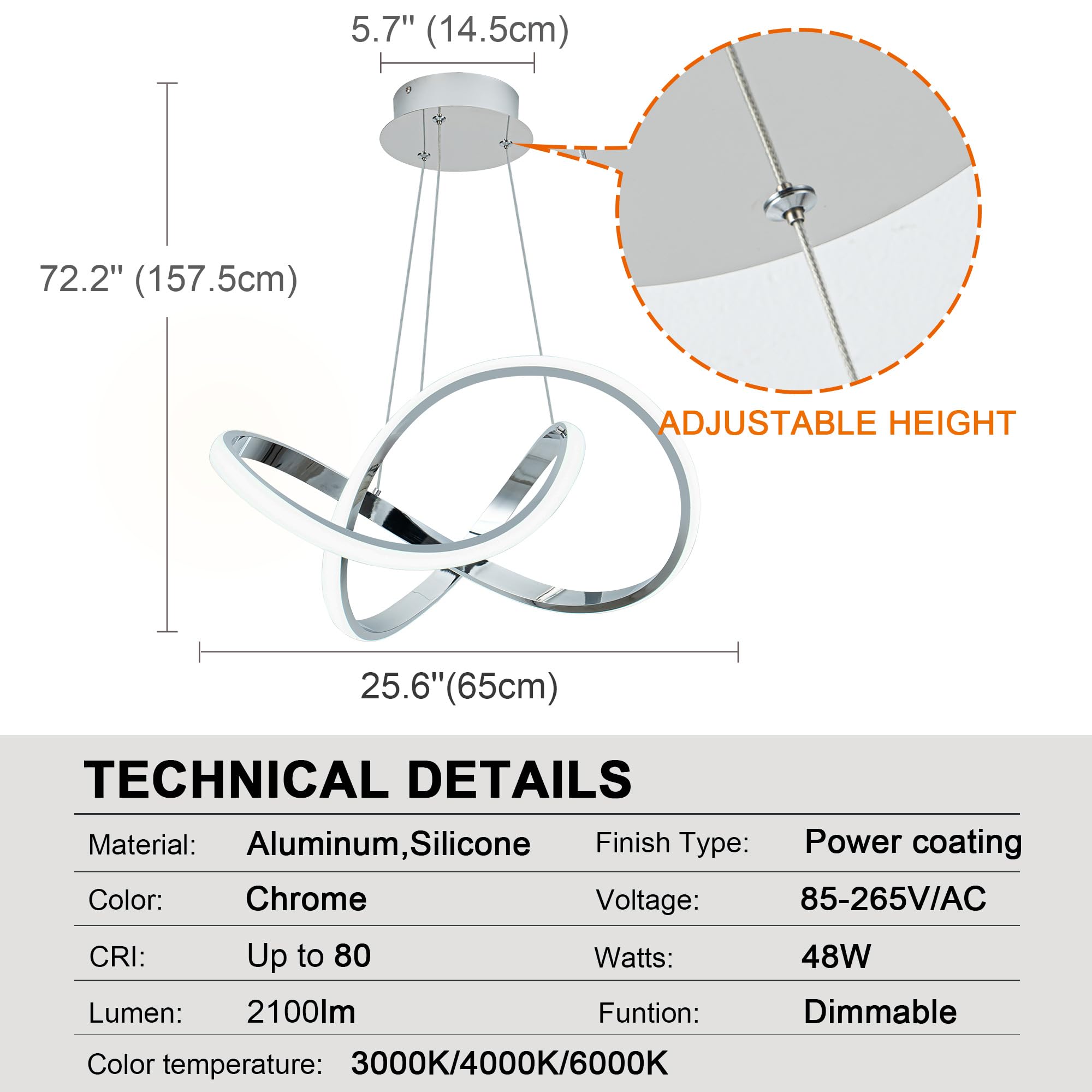 Mayna Modern Chandelier With Remote Control  3-Color Dimmable Led Pendant Light Fixtures  Height Adjustable Kitchen Island Lighting For Dining Room Kitchen Entryway Living Room  Chrome 25.6 Inch