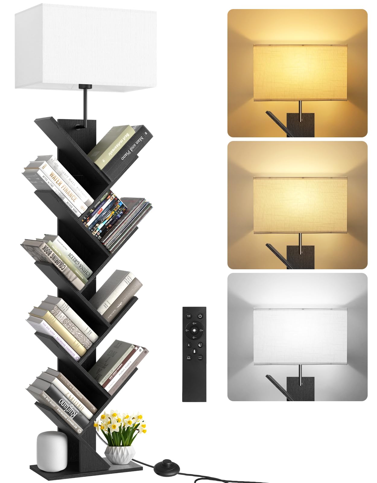 Outonlife 9 Tier Tree Bookshelf With Light, Remote & Timer, Dimmable Tall Floor Standing Lamp, Narrow Wood Bookcase, Small Book 