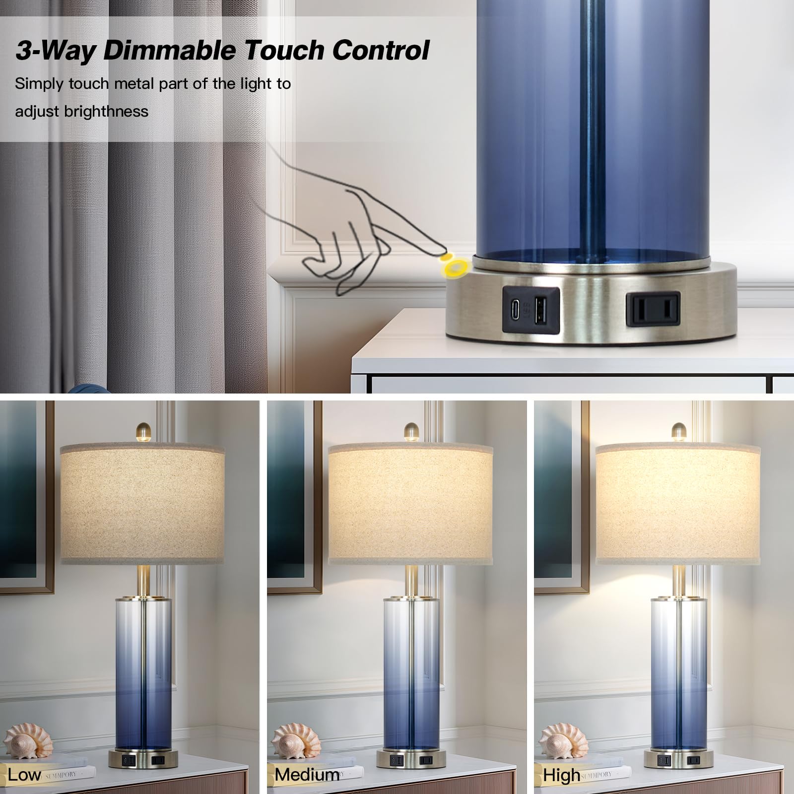 Ruzectt Coastal Blue Glass Table Lamps Set of 2, 3-Way Touch Control with USB Ports & AC Outlet, Elegant Nautical Design