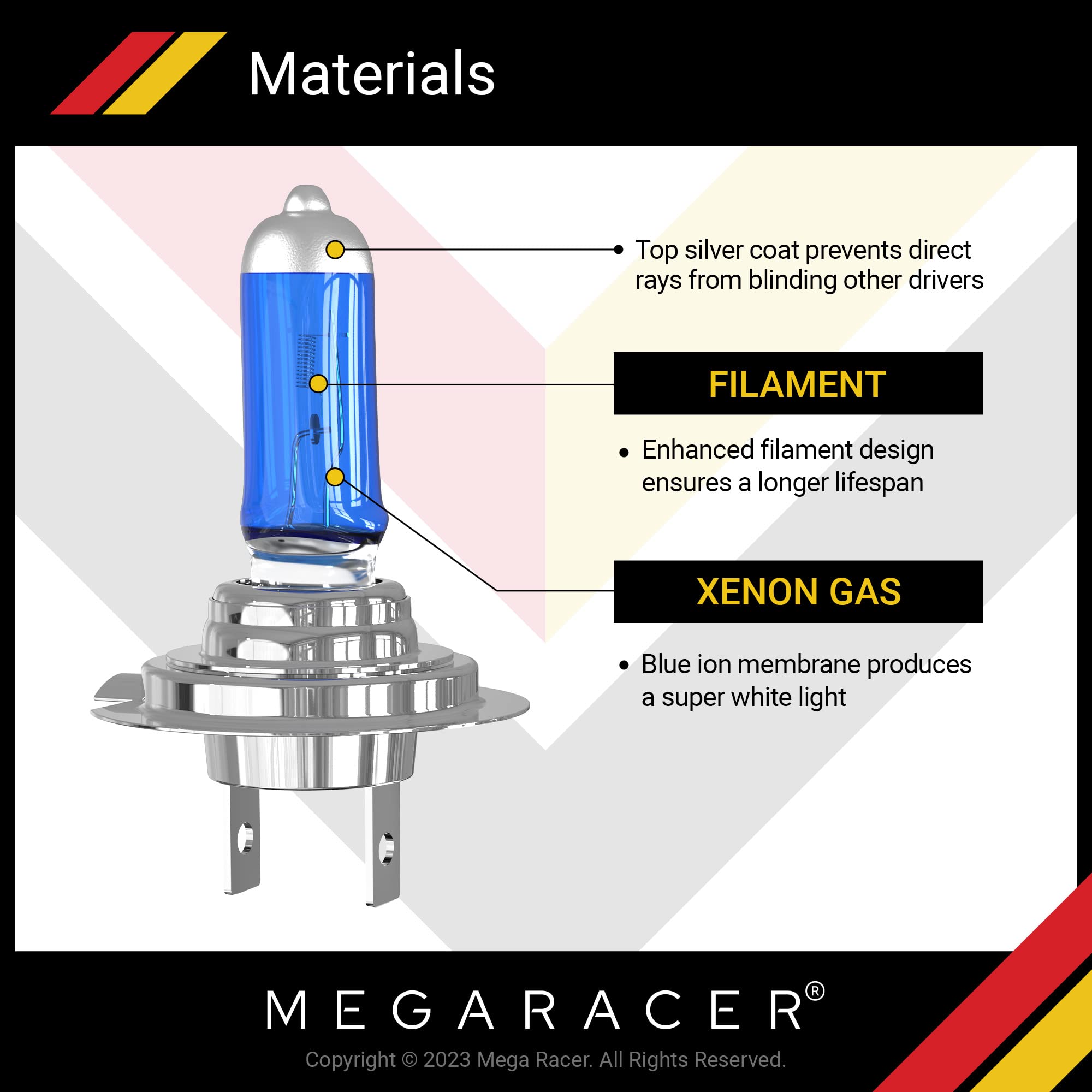 Mega Racer H7 Halogen Headlight Bulbs Combo For Low Beam And High Beam - Super White 5000K 12V 55W, Xenon, Px26D Base, Ip68 Wate