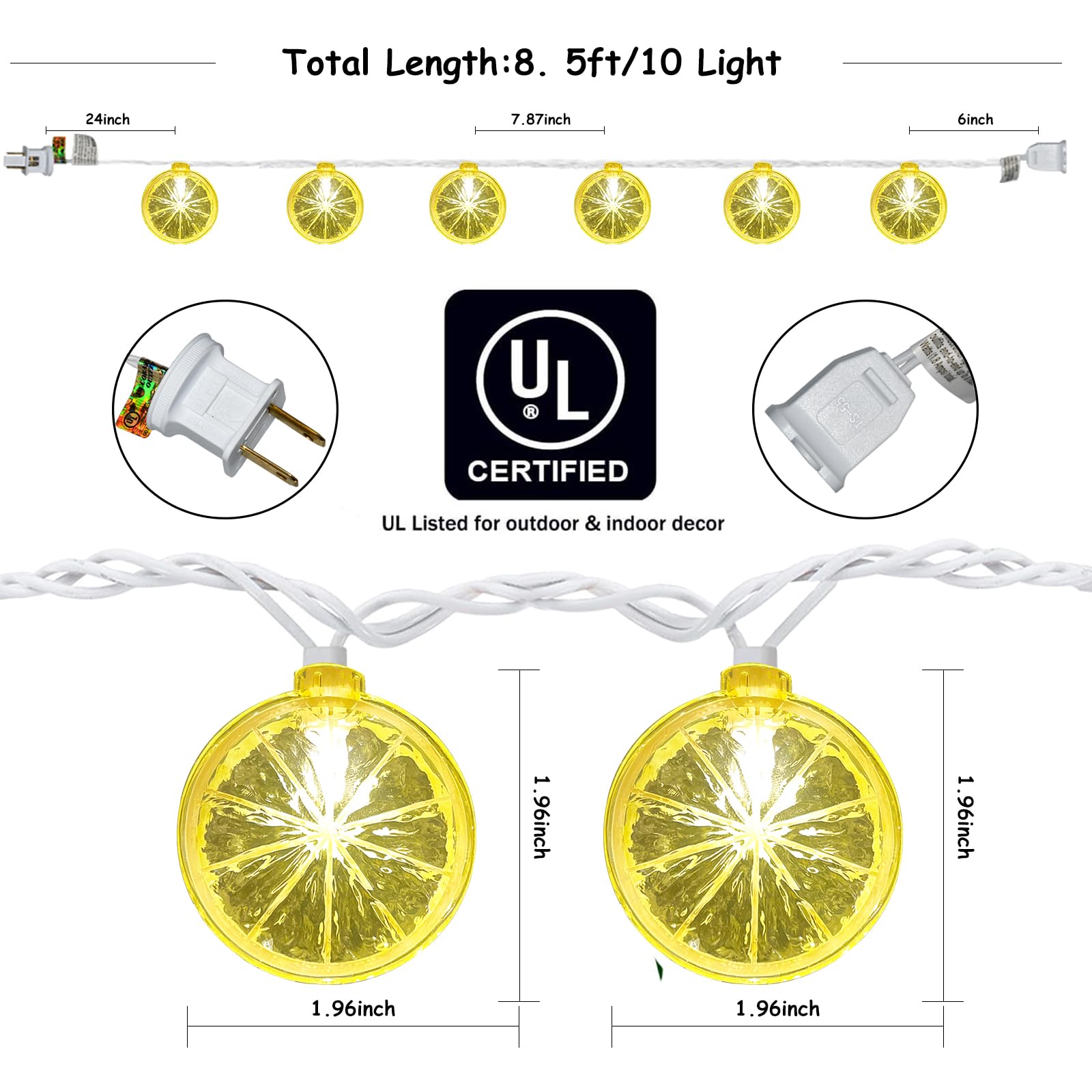 Pallerina 8.5Ft LED Lemon String Lights, 10 3D Lemon Shapes, Indoor/Outdoor Decor, Plastic, Yellow