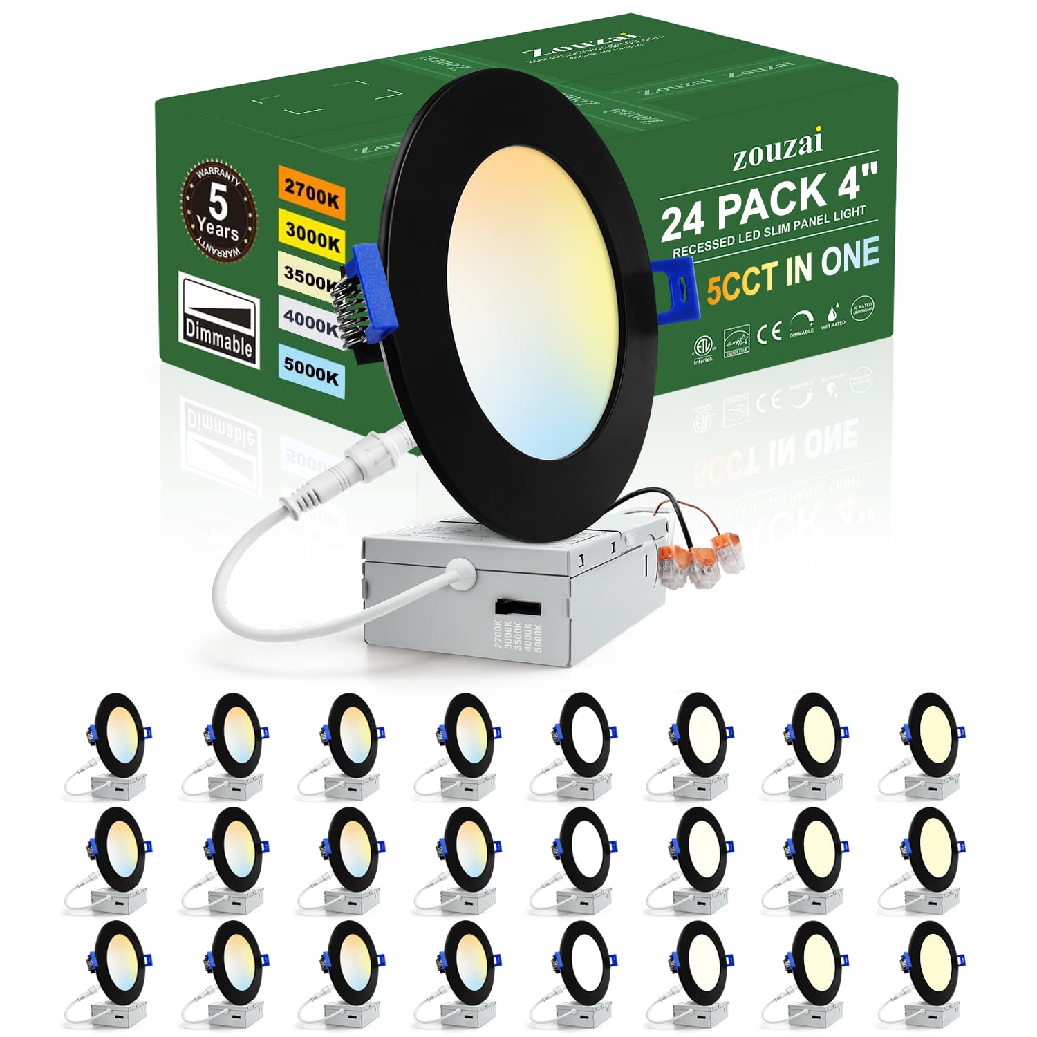 zouzai 24 Pack 4 Inch Black 5CCT Selectable Ultra-Thin LED Recessed Ceiling Light with Junction Box,9W Eqv 80W, Dimmable, led ca