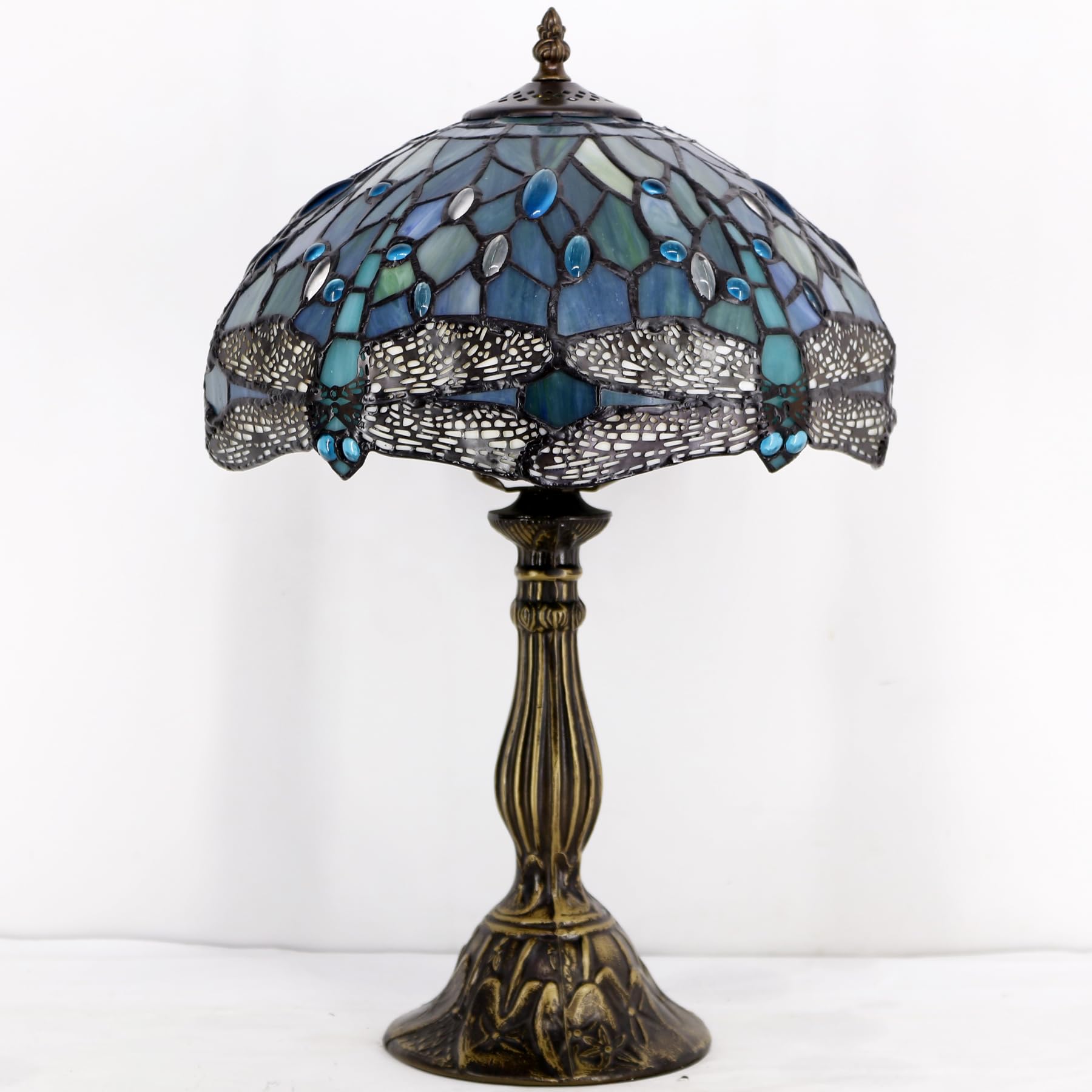 WERFACTORY Tiffany Lamp - Sea Blue Dragonfly Style, 12x12x18 Inches, Metal Table Desk Light, S147 Series