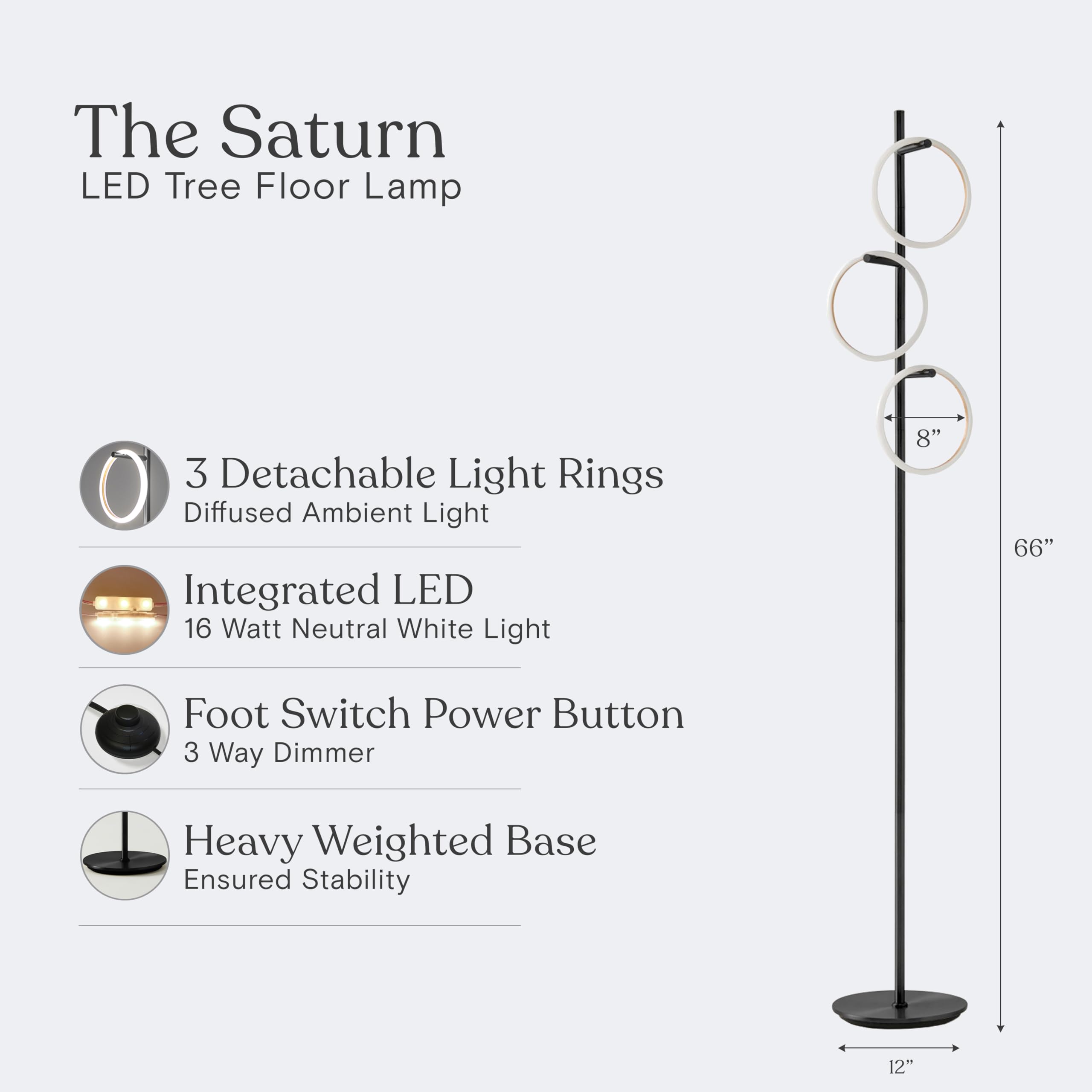 Brightech Saturn LED Tree Floor Lamp - 3 Light Metal Design - Black - Warm White Light - Model FL-SATRN-BLK