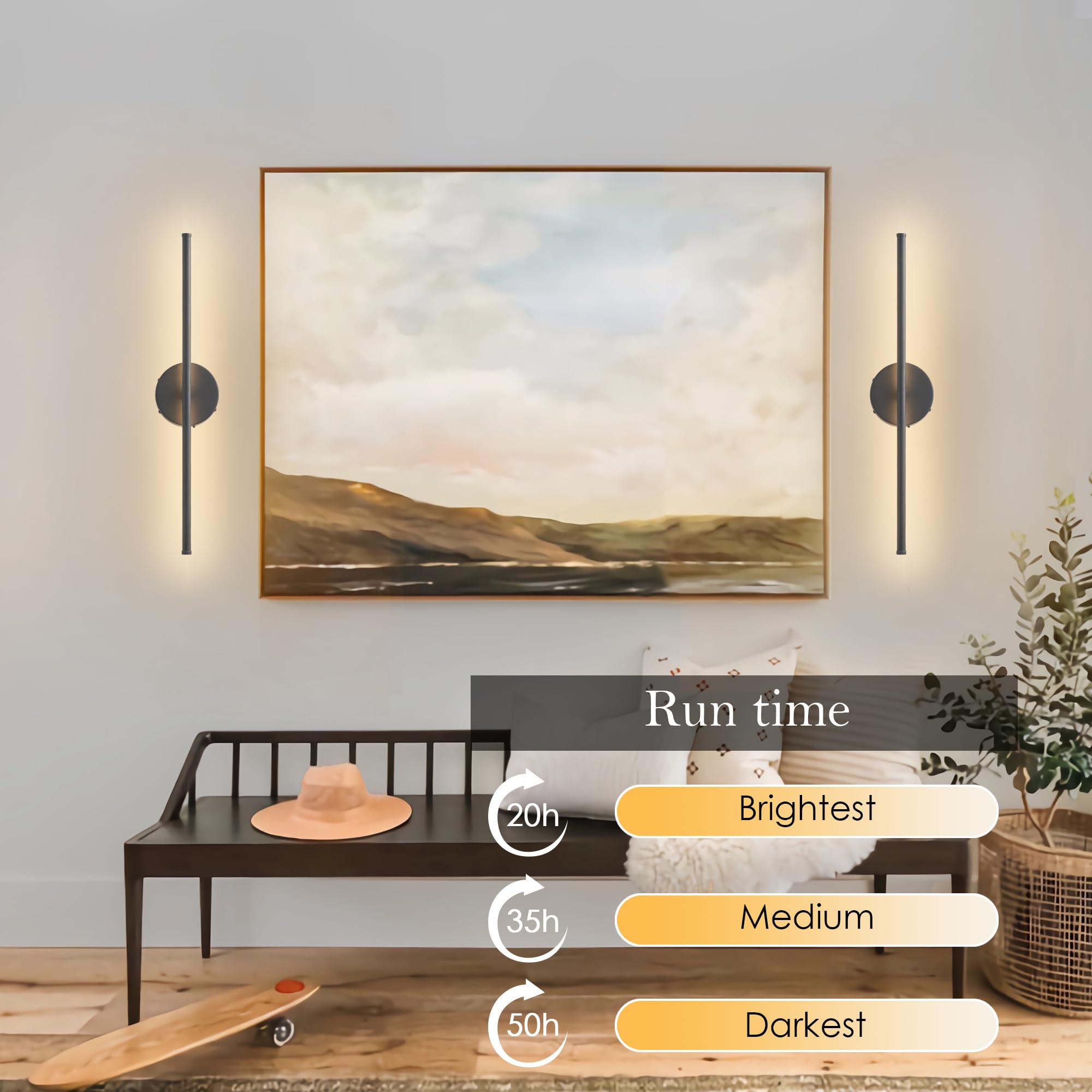 KARTOOSH Battery Operated Wall Sconces Set of Two, Dimmable LED, 20.4 Inch, Black (RGB Colors), Model ZM317BBLR50