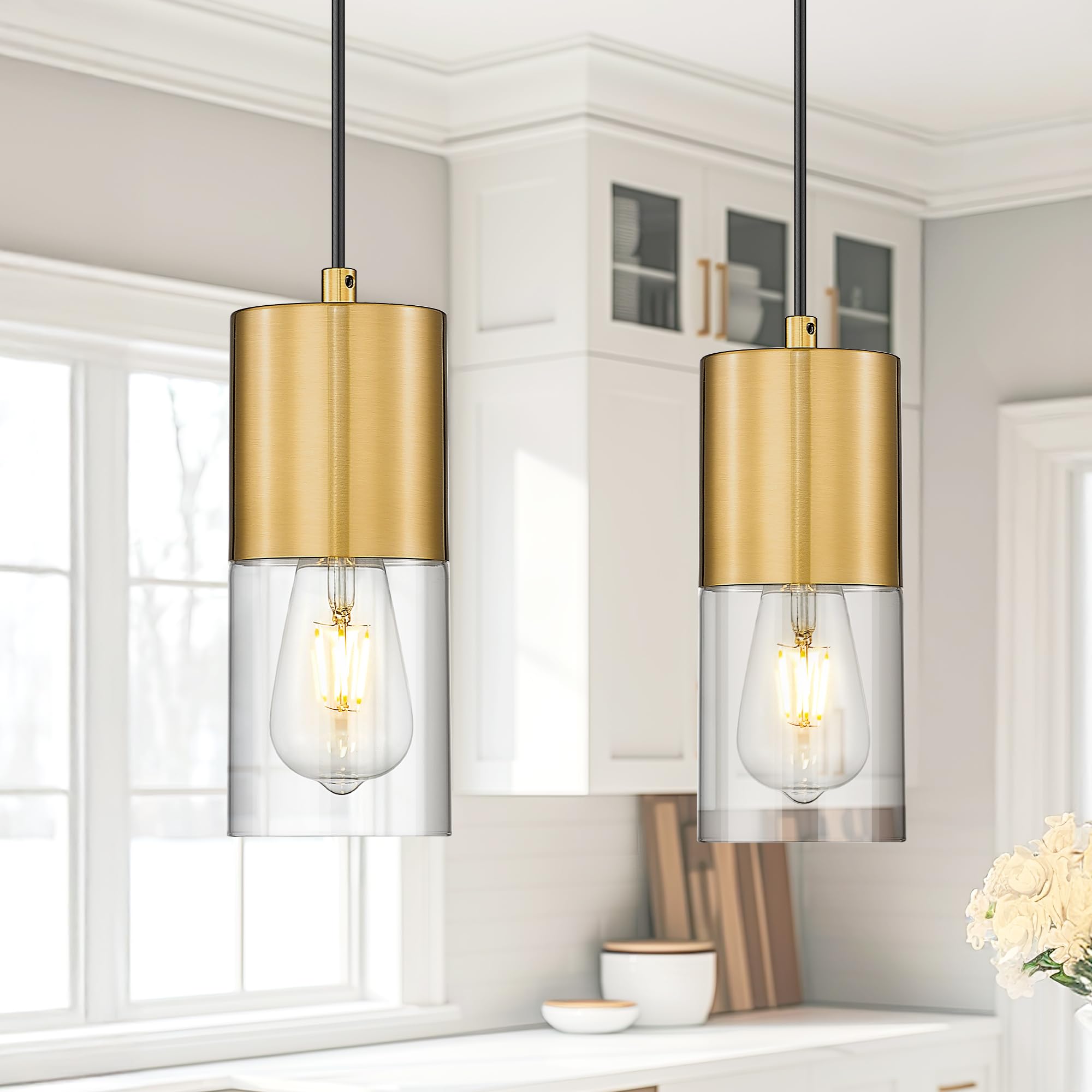 Audickic 2-Pack Pendant Lights Kitchen Island  Brushed Gold Shade Hanging Lights Fixtures With Cylinder Clear Glass  Brass Kitchen Pendant Lighting Over Island For Dining Room  Ad-24023-1P2-Gd