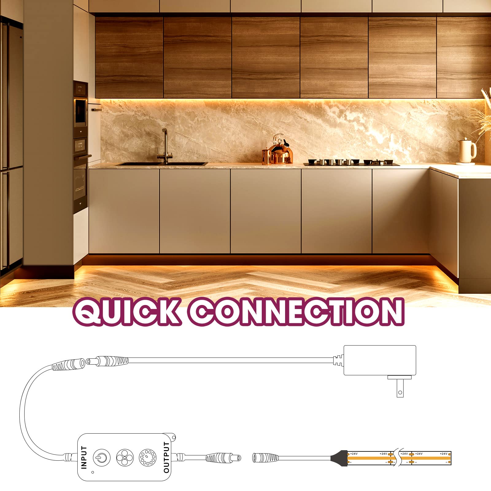 Emitever Led Strip Light Warm White 3000K 16.4Ft,24V Dc Cob Dimmable Tape Lights With Rf Controller,Premium High Density Power Adapter,1600Leds Ul Listed For Bedroom,Kitchen Cabinets,Indoor Use