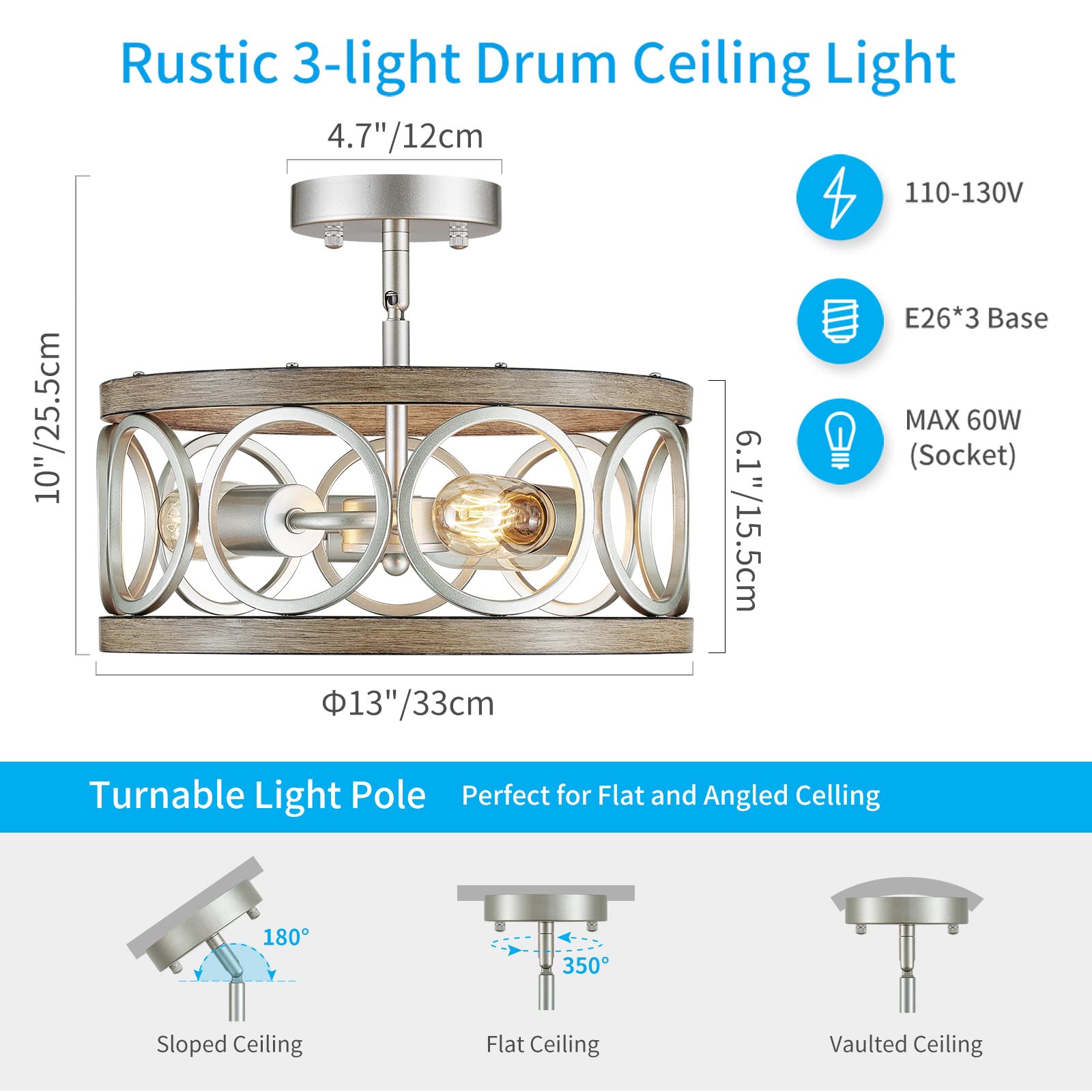XINGQI Modern 3-Light Ceiling Light Fixture, Brushed Nickel & Wood Grain, Semi Flush Mount for Kitchen, Dining Room, Bedroom