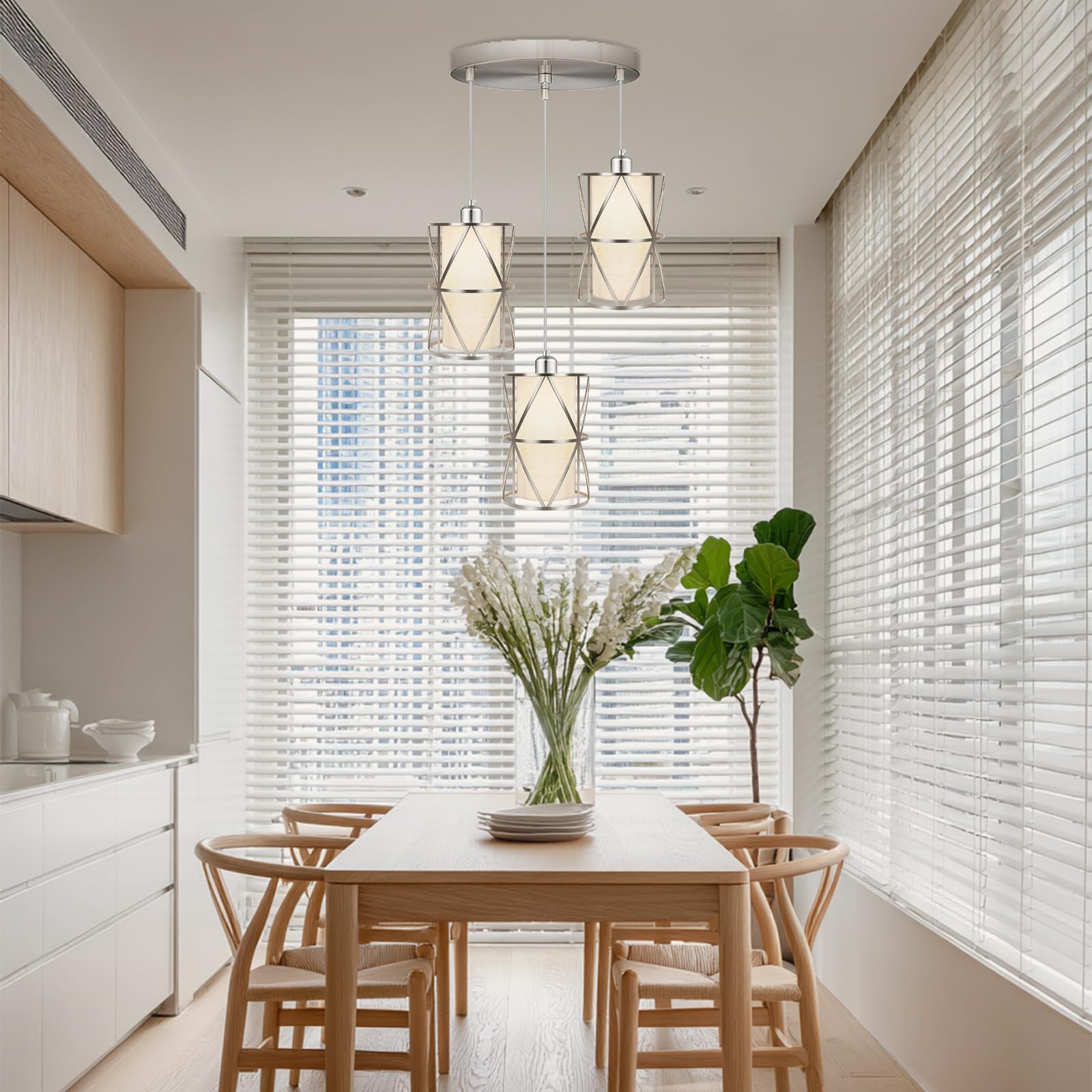 Zlierop 3-Light Chandelier, Adjustable Height Pendant Light, Metal + Linen, Linen/Nickel