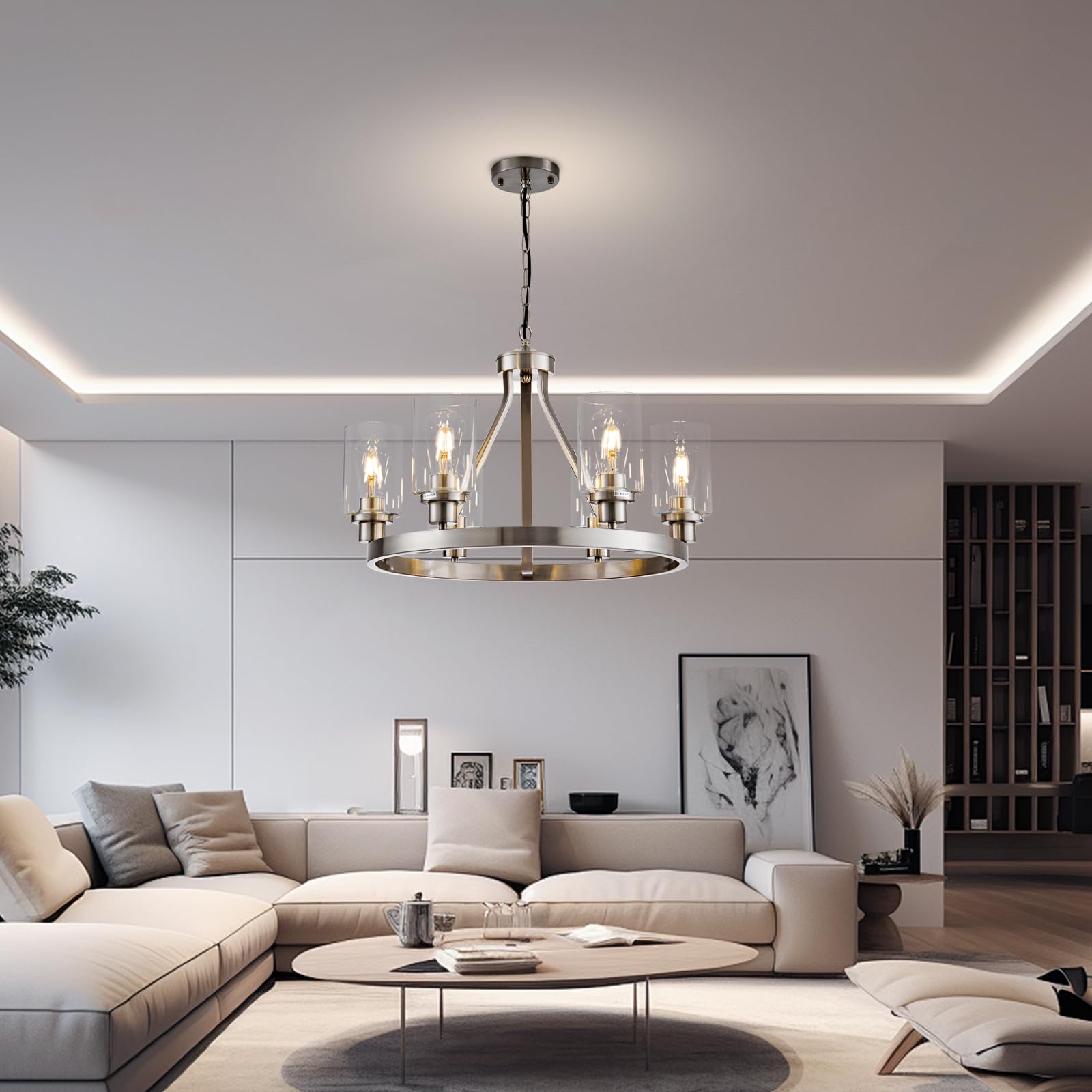 Lanhall 6-Light Chandelier Pendant Lighting Brushed Nickel Metal Adjustable Height for Dining Room Living Room Bedroom Entryway
