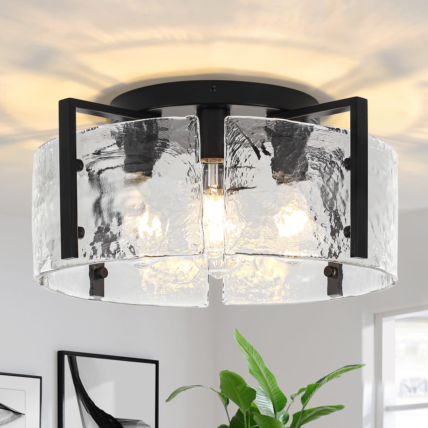 18.5 Modern Black Semi Flush Mount Ceiling Light  Entryway Light Fixture  4-Light Glass Ceiling Lights for Hallway Foyer Kitchen Island Dining Room Bedroom Living Room Lighting Fixtures  UL-Listed
