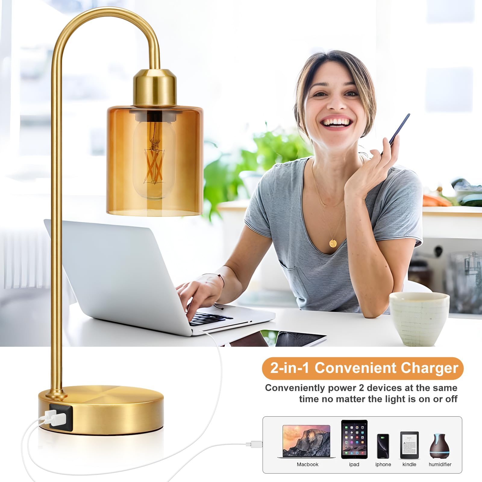 Amber Gold Desk Lamps For Home Office - 3 Way Dimmable Touch Gold Lamp With Usb C+A Ports, Nightstand Lamp With Glass Shade,Bedside Table Lamps For Night Stands, Bedroom,Living Room, Led Bulb Included