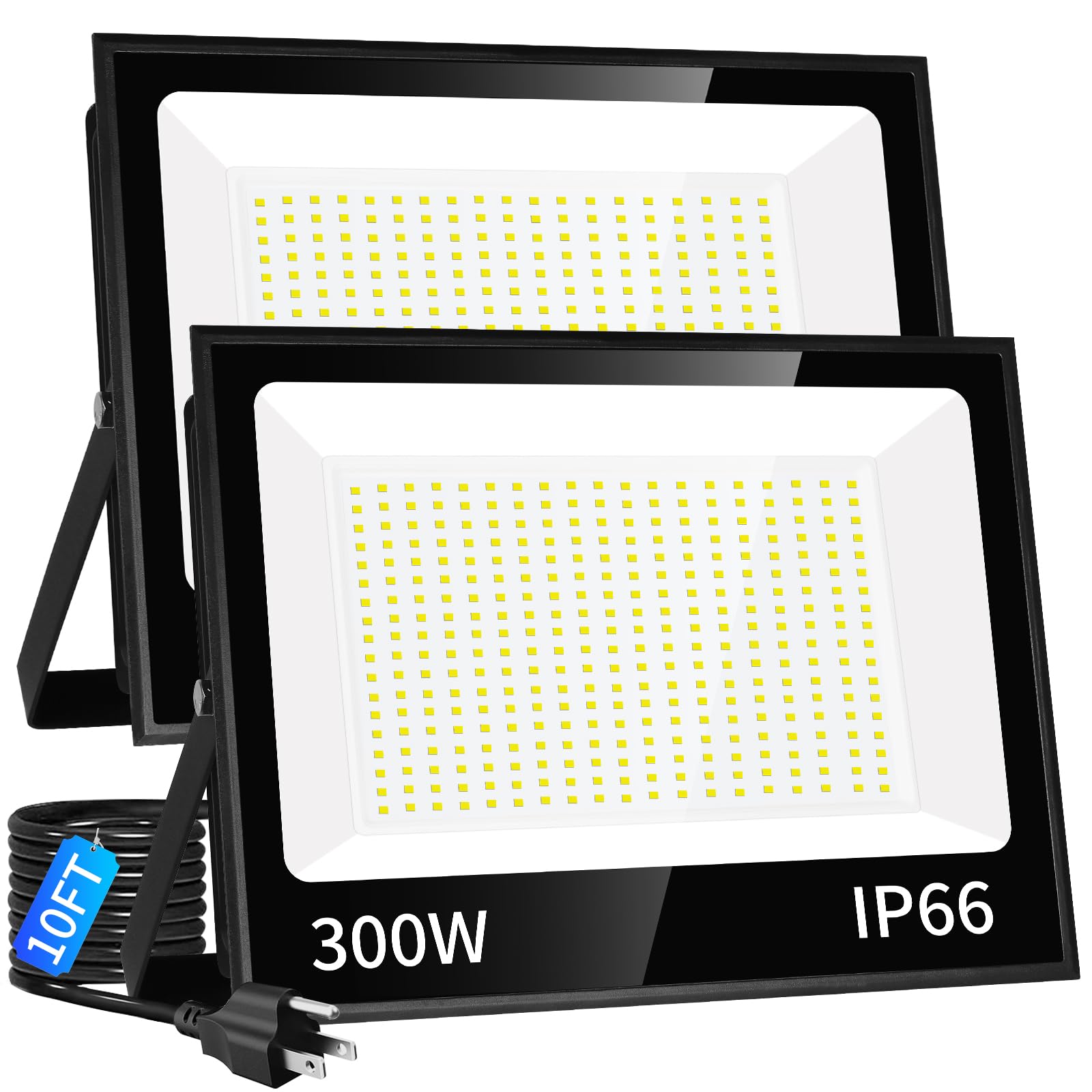 Isuerfy 300W Led Flood Light, 36000Lm, Ip66 Waterproof, 5000K Daylight White, Outdoor Plug-In, 2 Pack, Black/Clear