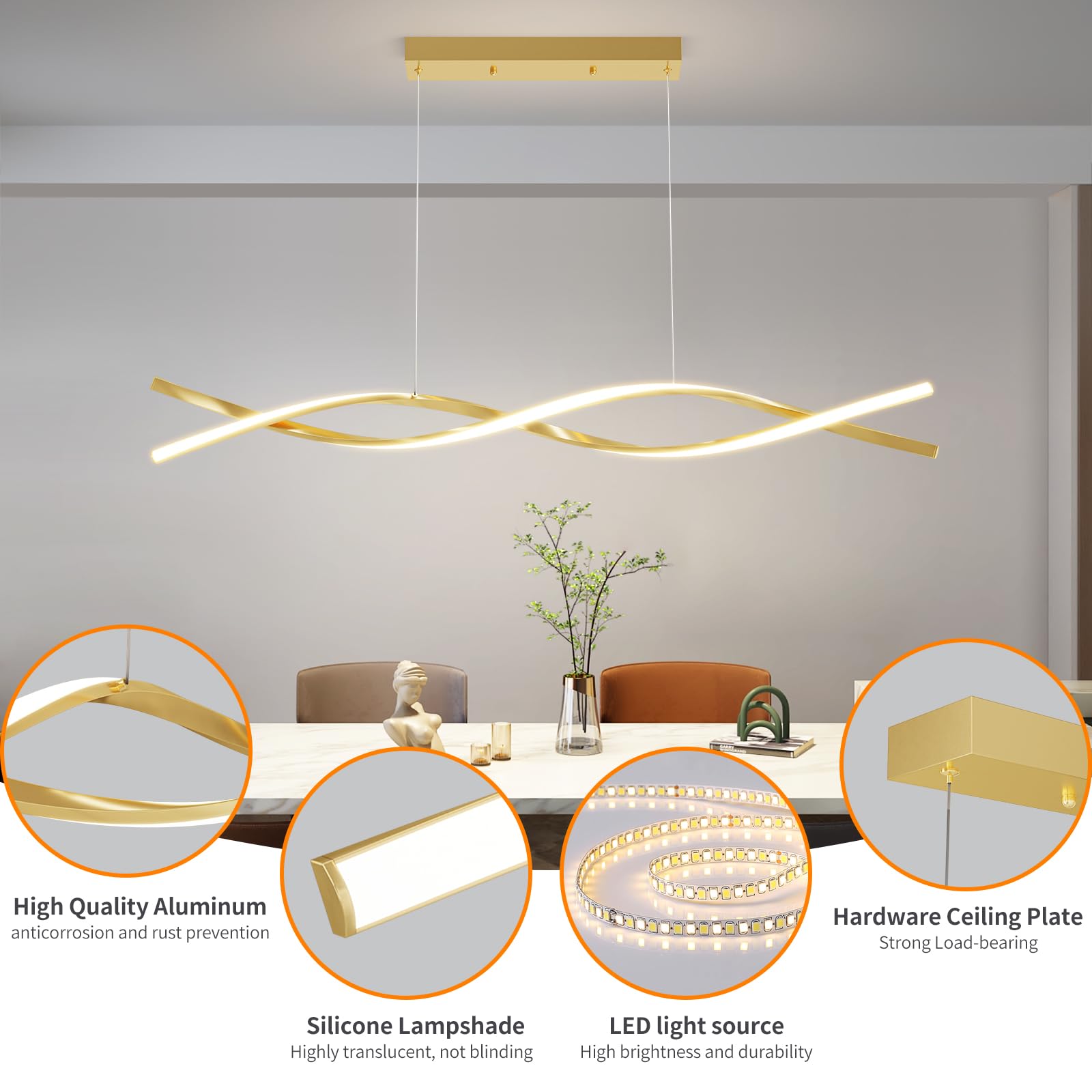 Mikeru Modern Gold Ceiling Pendant Light, 57in Aluminum Chandelier with Remote, Adjustable Color Temperature, D-Gold