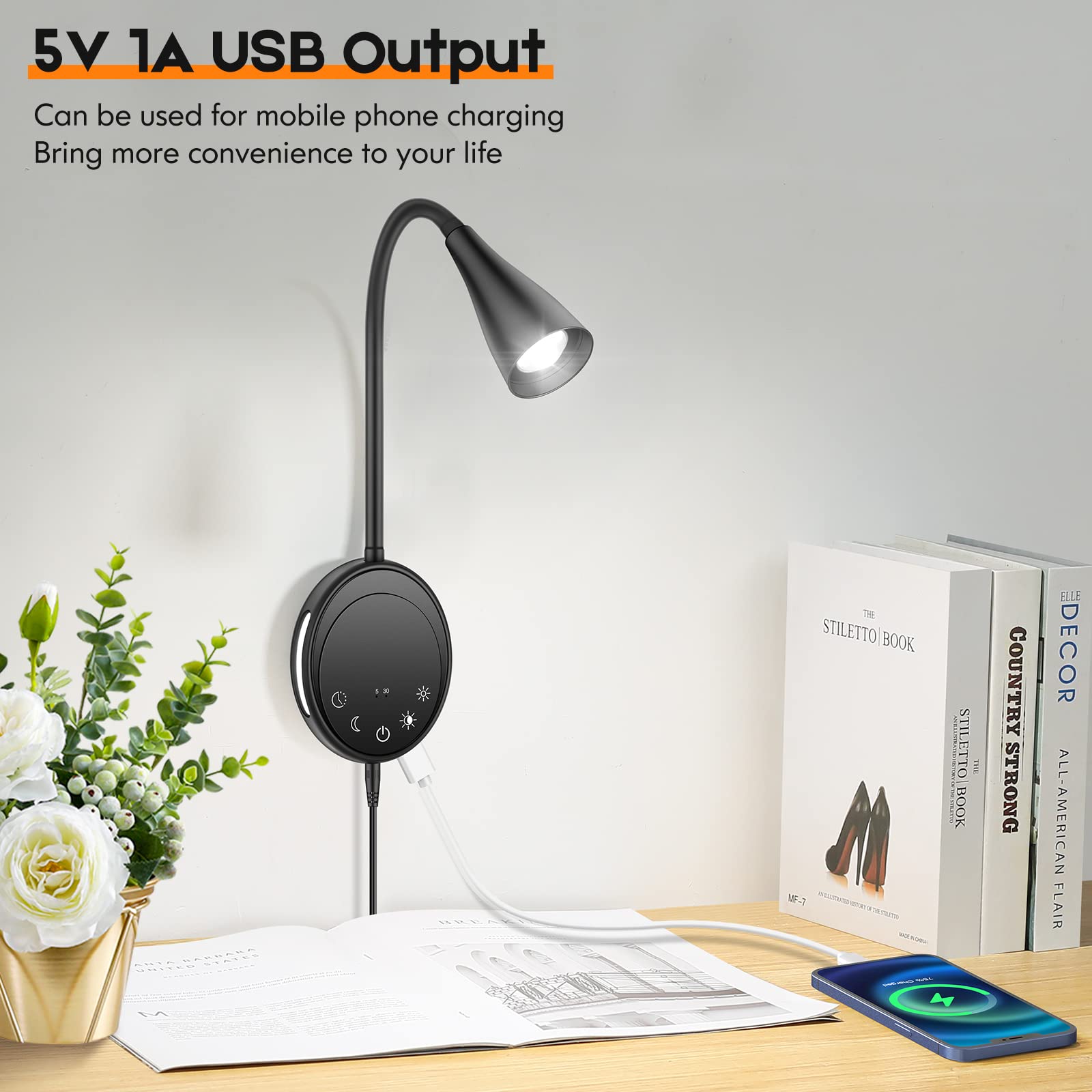Sankedou Wall Mounted Reading Light, Bedside Headboard Lights With 5 Dimming & Color Temperature, Usb Output, Night Light & Time