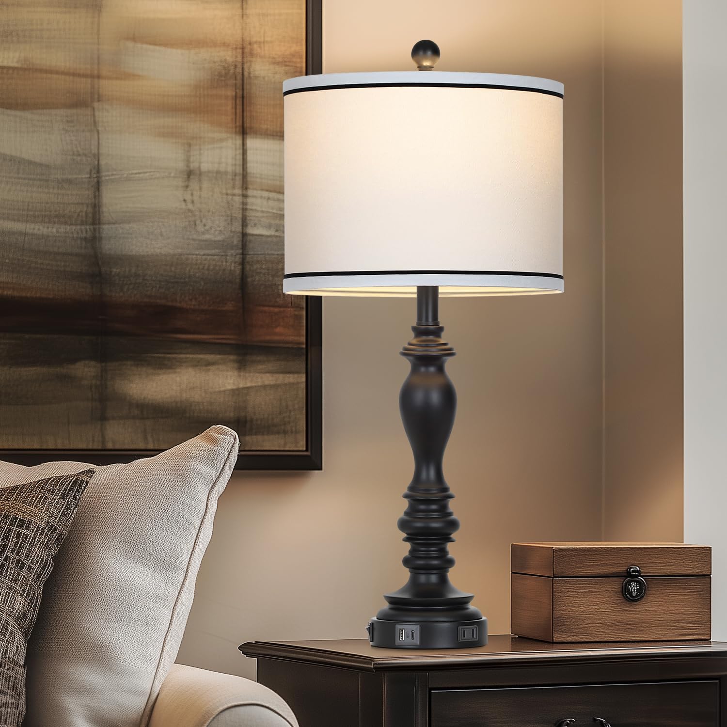 27.5'' Farmhouse Table Lamp For Living Room, Black Lamps Set Of 2 With Usb A+C Ports, Mid Century Tall Table Lamp For Bedroom, B