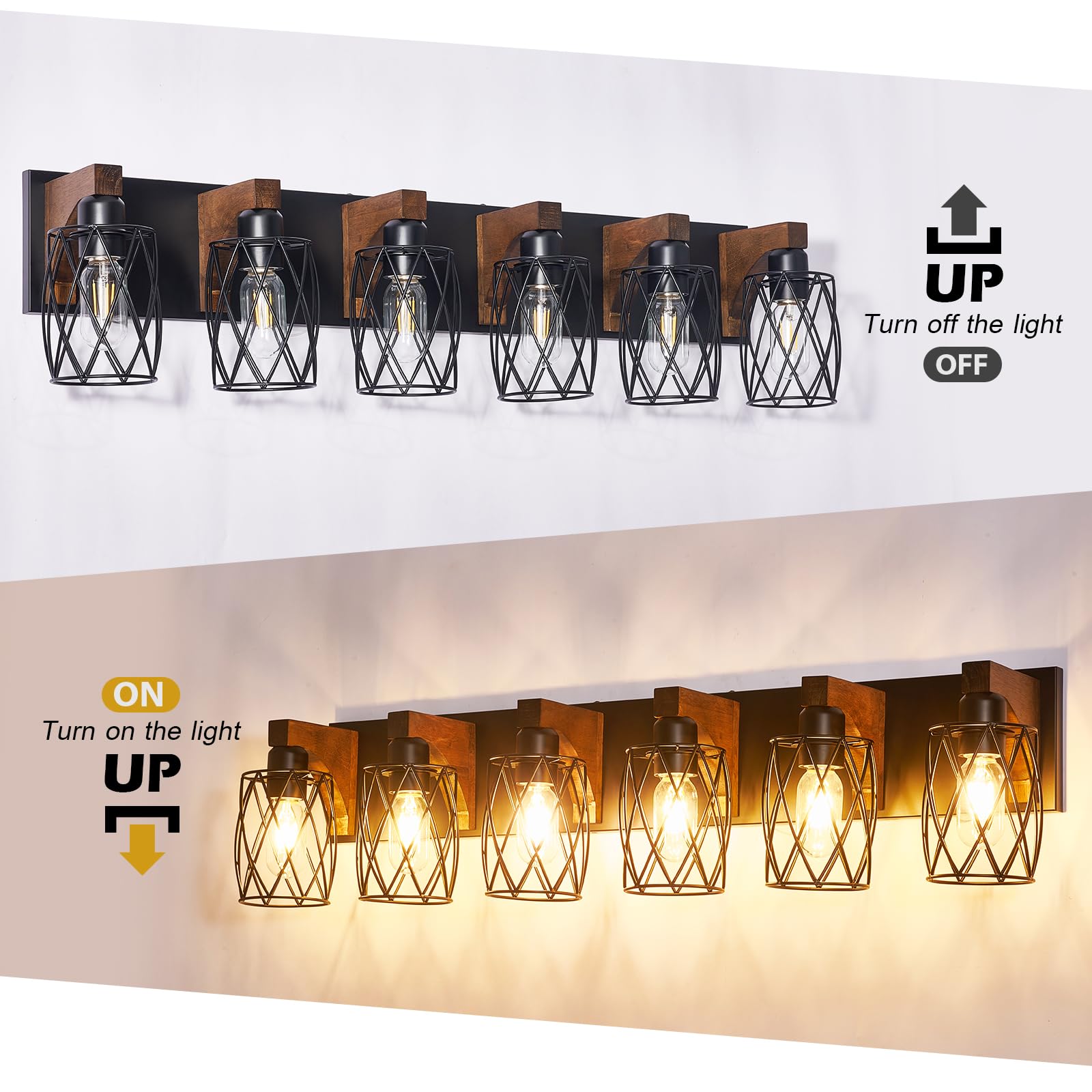 RVONOW 6-Light Bathroom Light Fixture, Black Metal Cage Shade, Vintage Rustic Design, Model B219-6