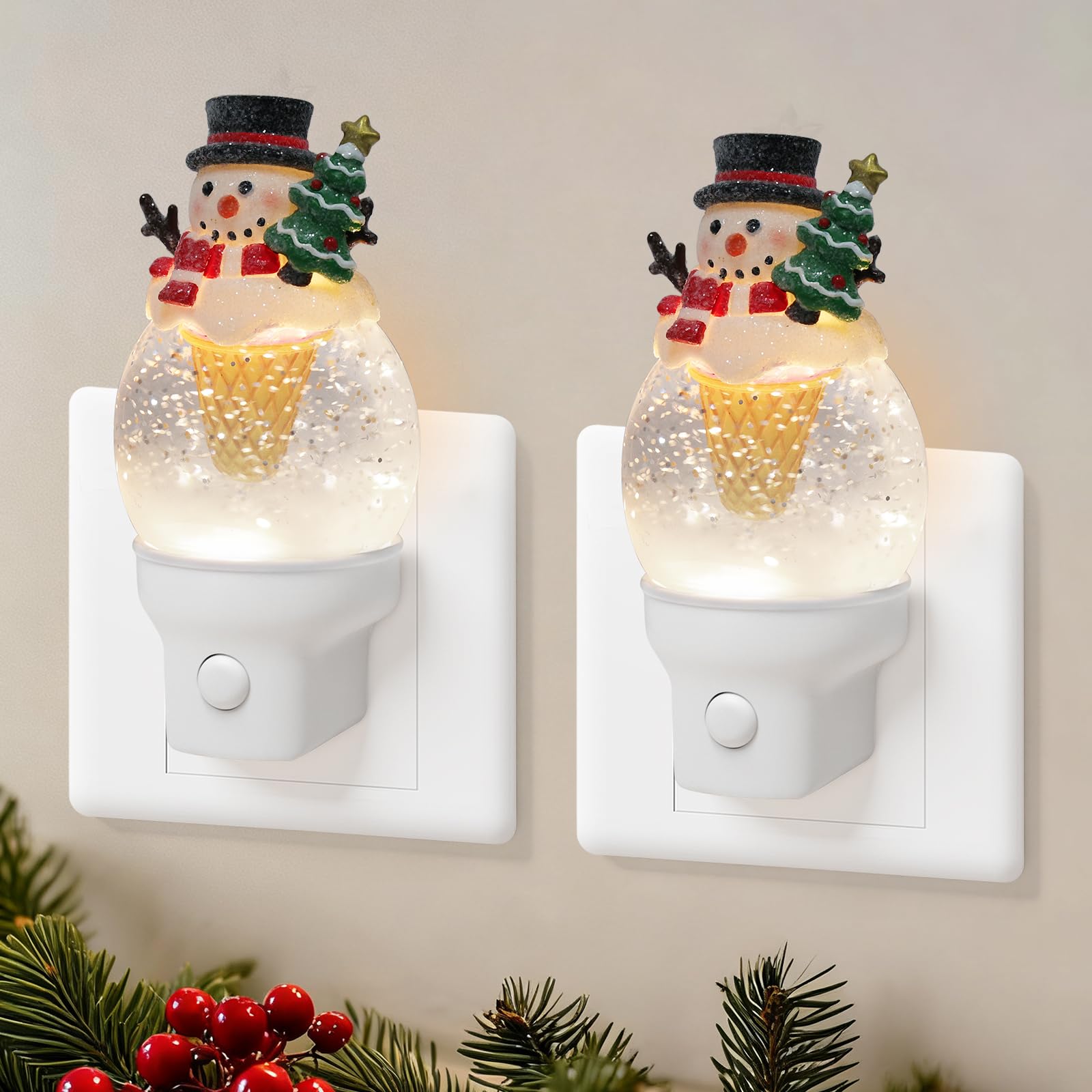 2 Pack Christmas Night Light Plug into Wall Glitter Water Nightlight with USB/Outlet Options  Christmas Snowman Ice Cream Decorative Nightlight for Holiday Decorations Gifts (Snowman Ice Cream)