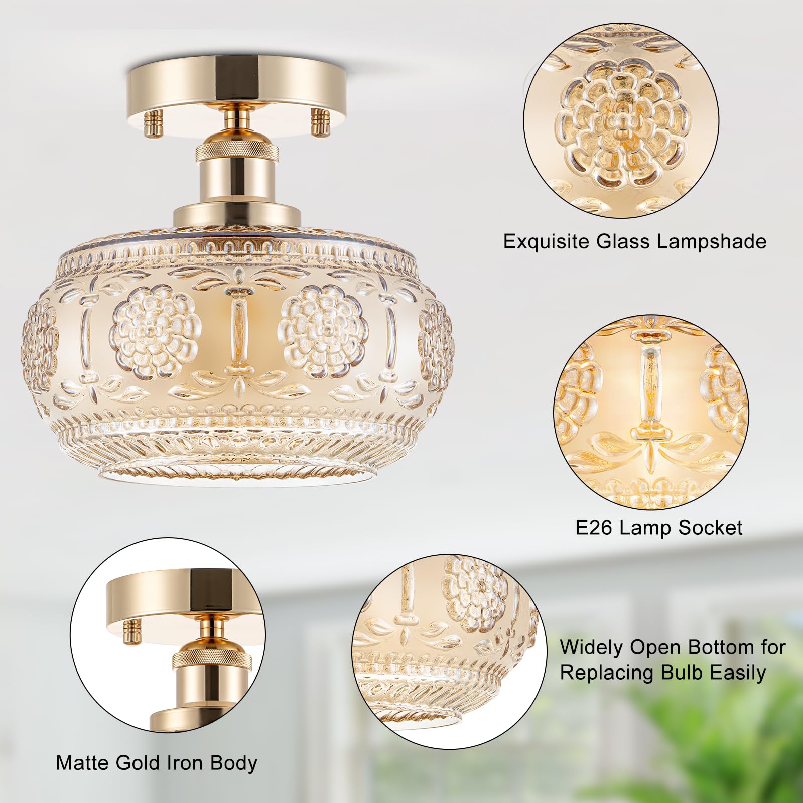Tbaoinla Semi Flush Mount Ceiling Light - French Gold Finish & Amber Floral Glass Shade  Vintage Modern Lighting For Bathroom  Kitchen  Bedroom (Bulb Not Included)