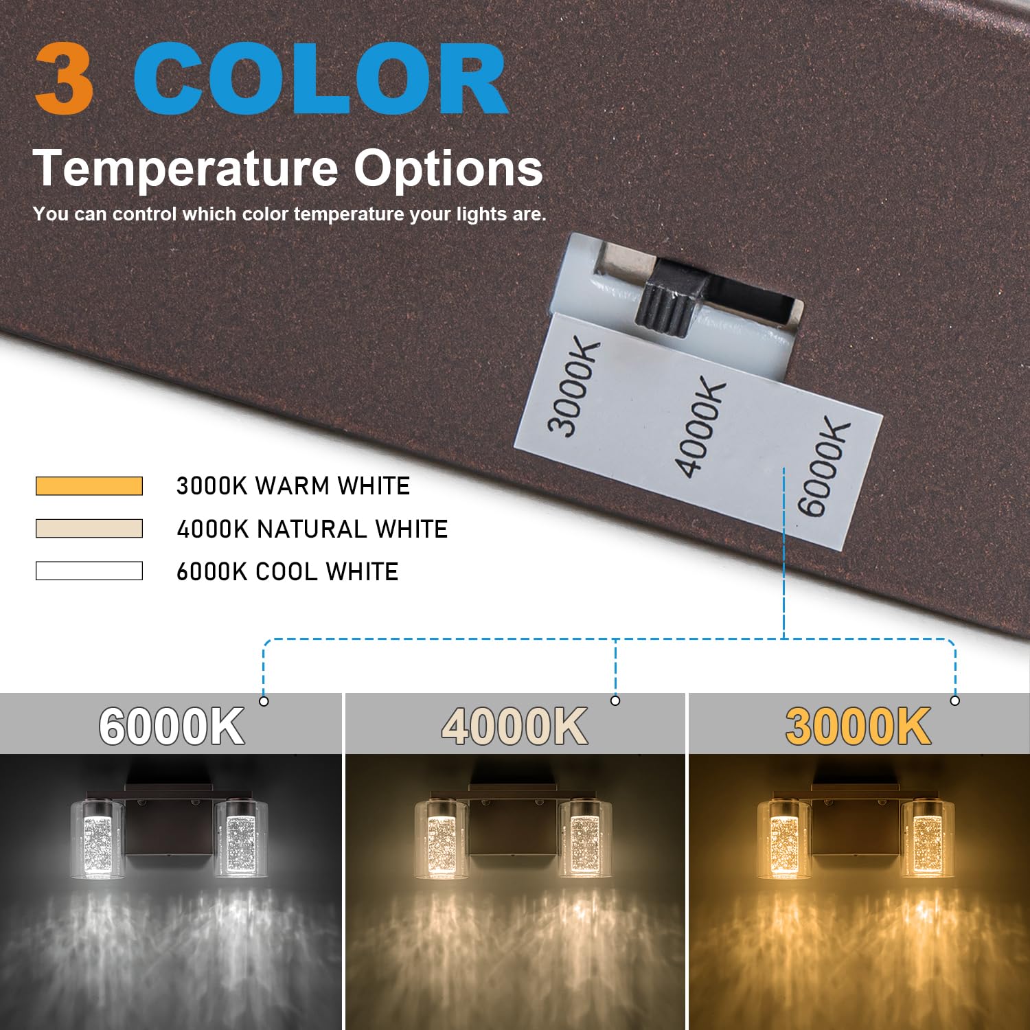 Sinerise 2-Light Bronze Vanity Light With 3 Color Modes (3000K/4000K/6000K), Eye Protection Led Bathroom Light Fixture, Dimmable