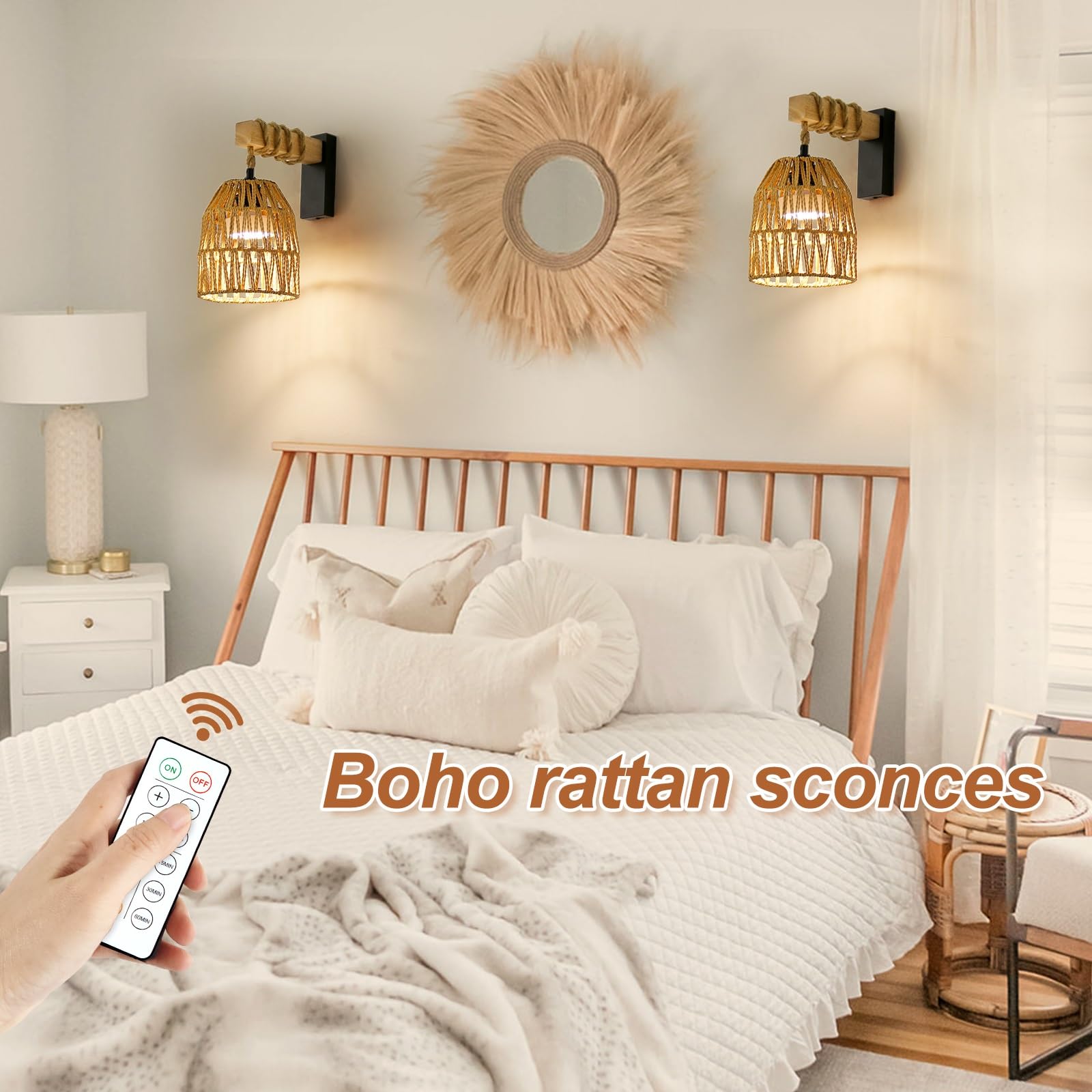 Espossi Rechargeable Wall Sconce, Battery Operated Wall Sconce With Remote Control, Boho Upgrade Rechargeable Rattan Wall Sconce, Wireless Wall Sconces Set Of Two For Bedroom, Living Room, Entryway