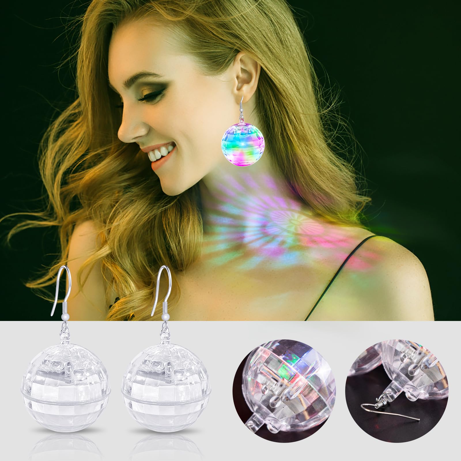 Bnsikun Disco Ball Earrings - Light Up Dangle Jewelry with 16 Modes, Multicolor, Acrylic for Festivals and Parties