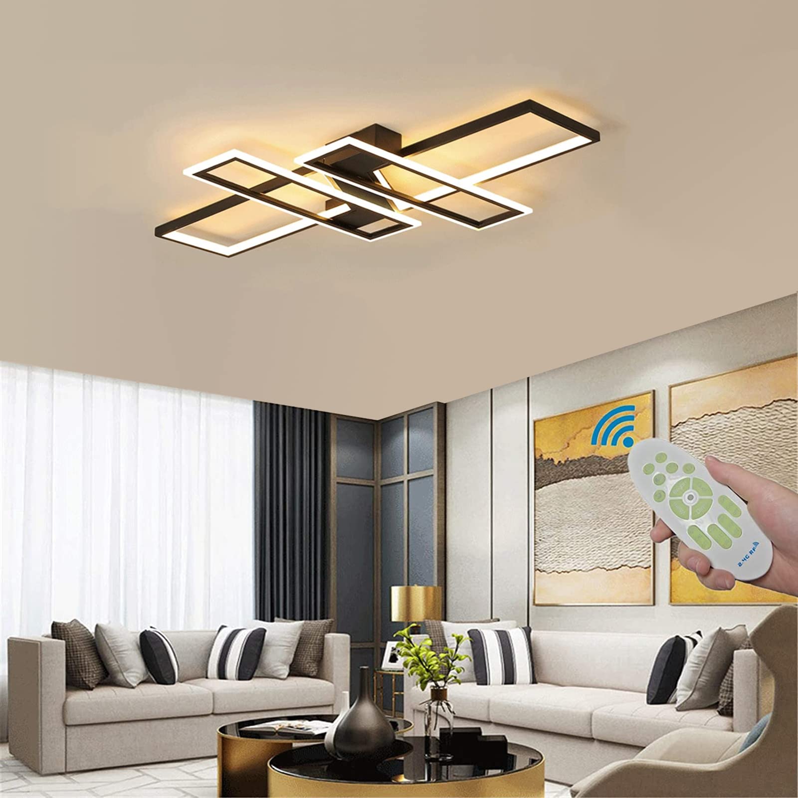 SMG Modern LED Ceiling Light Fixture, Dimmable Remote Control, 35.4IN Flush Mount Chandelier, Black, Model 126-023-731